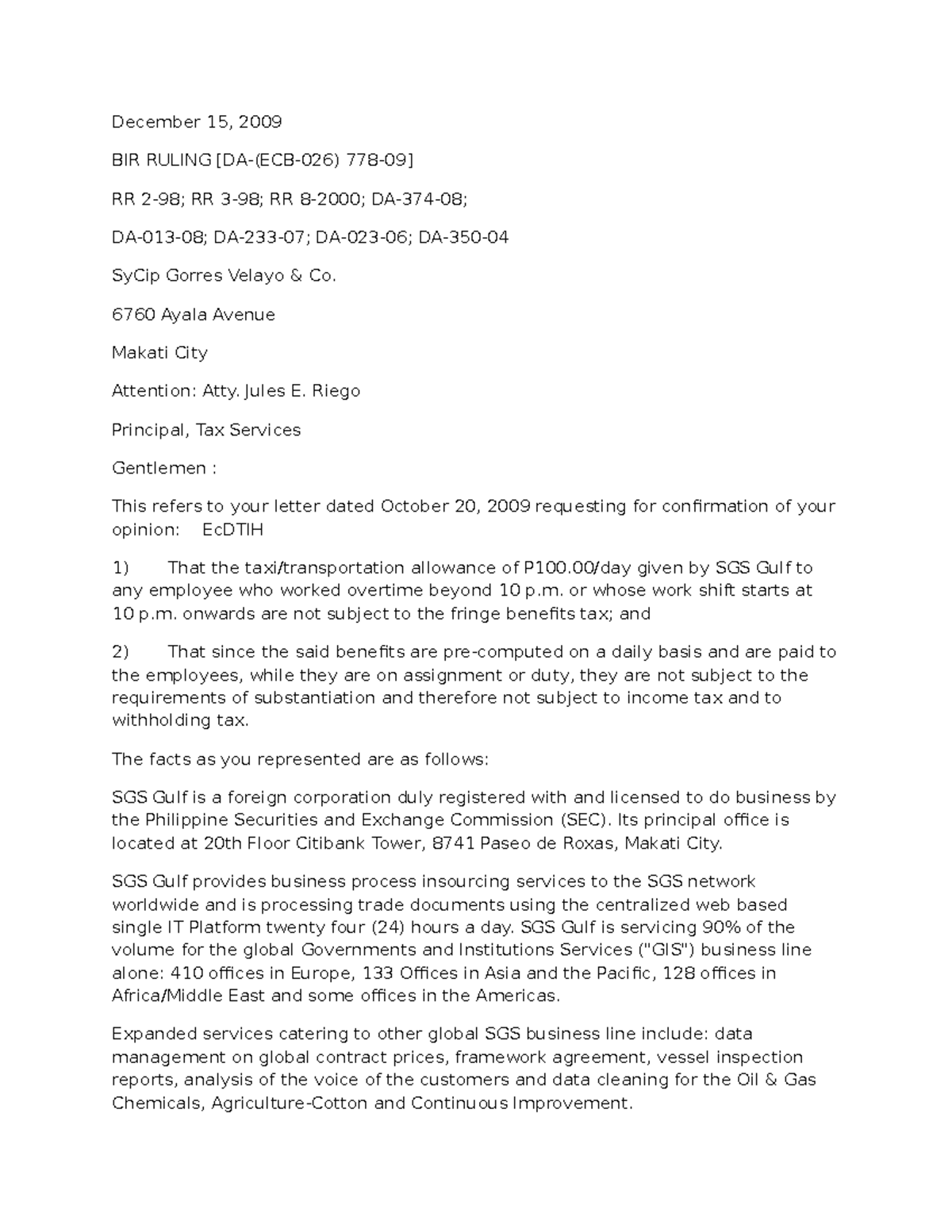 BIR Rulings Analysis - Part I to III [DA-(ECB-026) 778-09 and Others ...