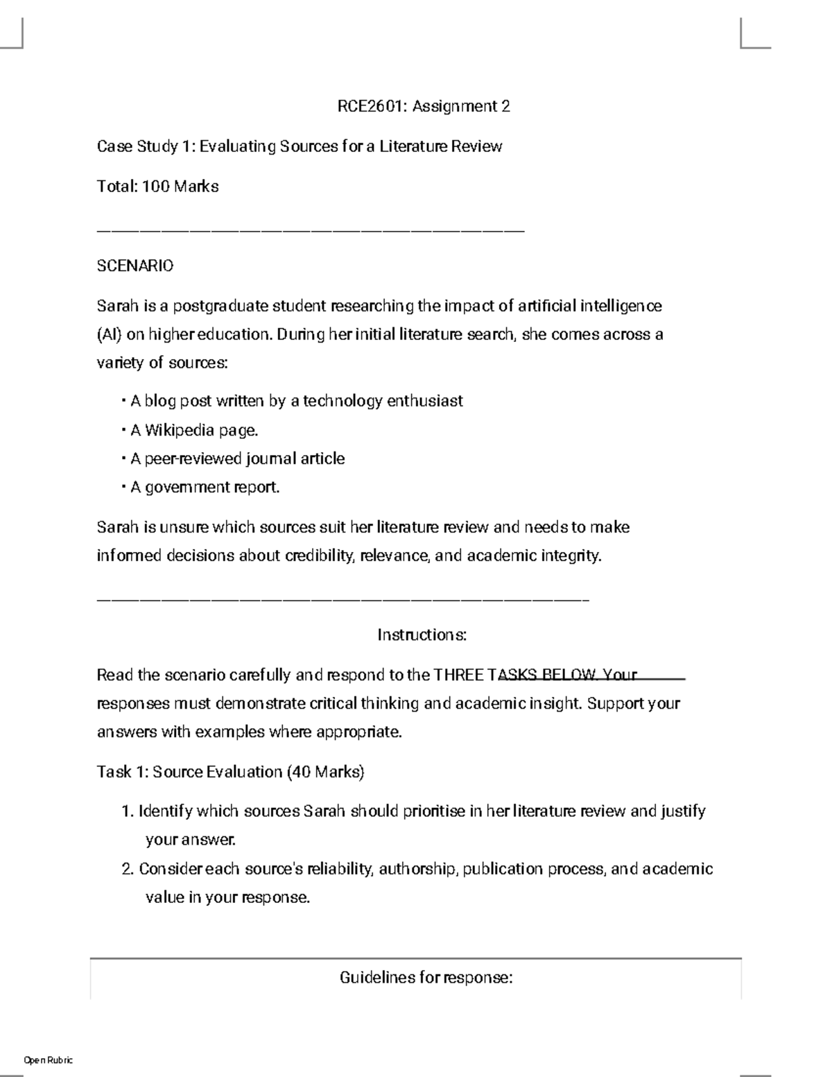 RCE2601: Assignment 2 Case Study on Evaluating Literature Sources - Studocu