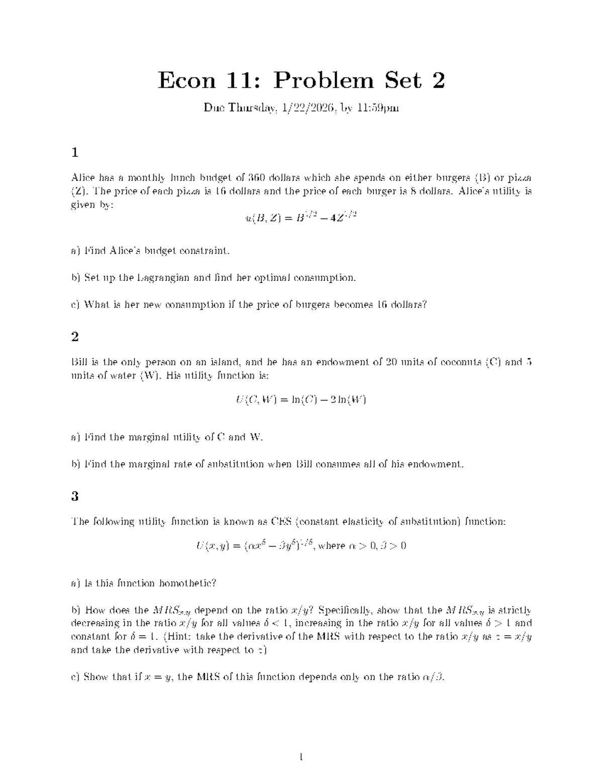 Econ 11: Problem Set 2 - Budget Constraints & Utility Functions - Studocu