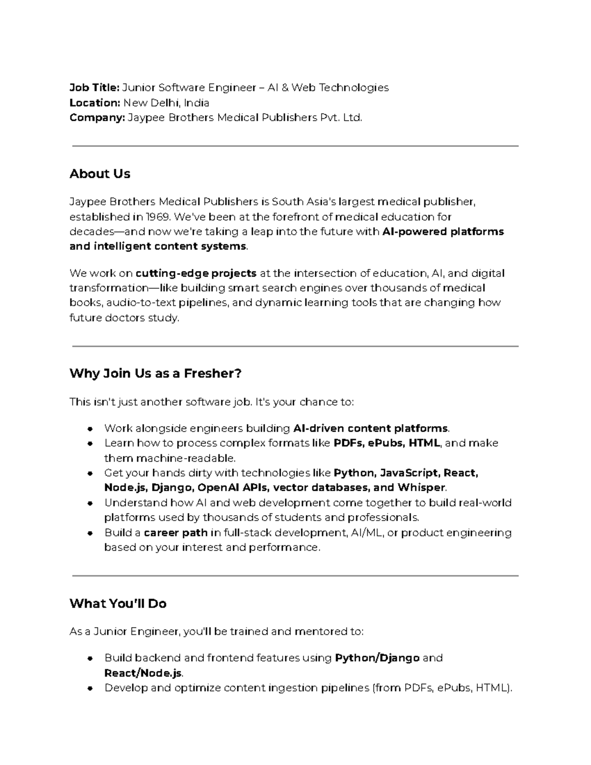Job Title: Junior Software Engineer – AI & Web Tech at Jaypee Brothers ...