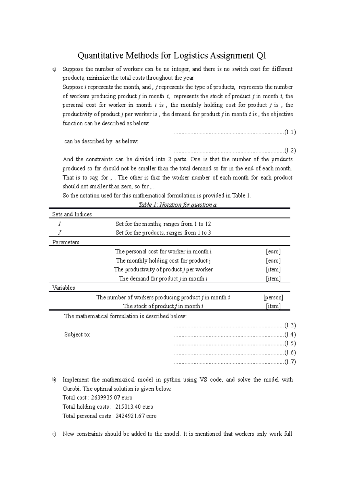 Quantitative Methods for Logistics Assignment Q: Cost Minimization ...