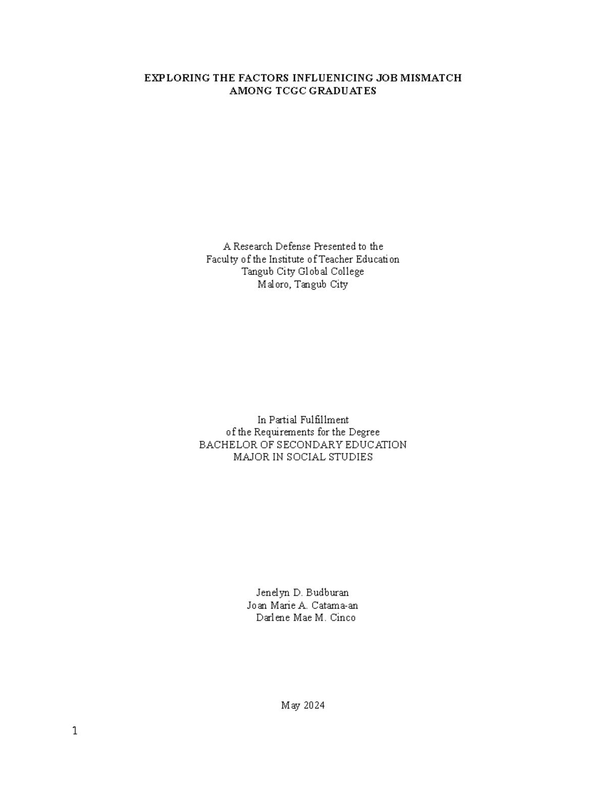 Final Research Paper: Job Mismatch Factors Among TCGC Graduates - Studocu