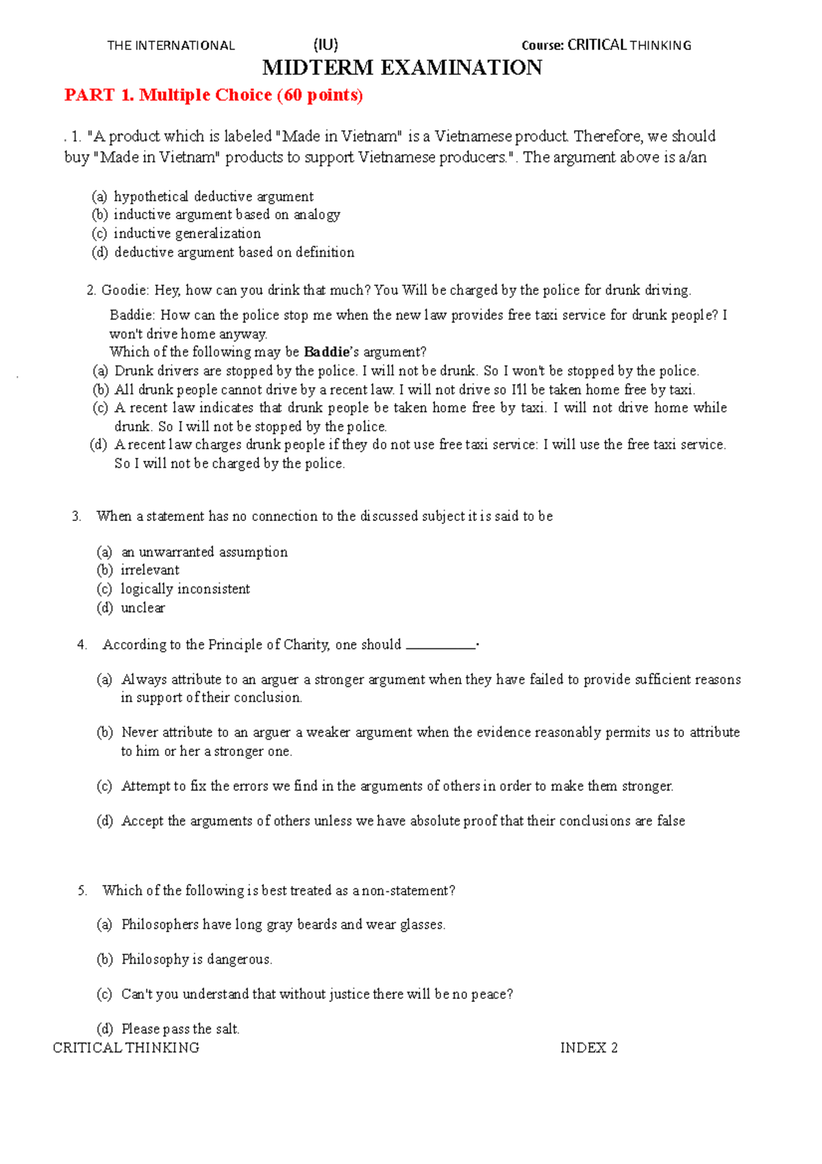 Critical Thinking Midterm Exam (CRITICAL THINKING 2015) Sample Test ...