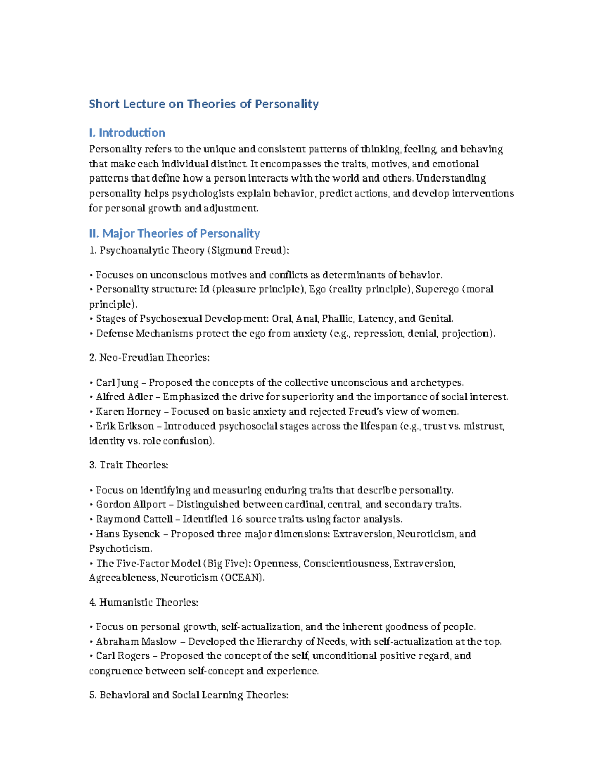PSY 101: Short Lecture on Major Theories of Personality - Studocu
