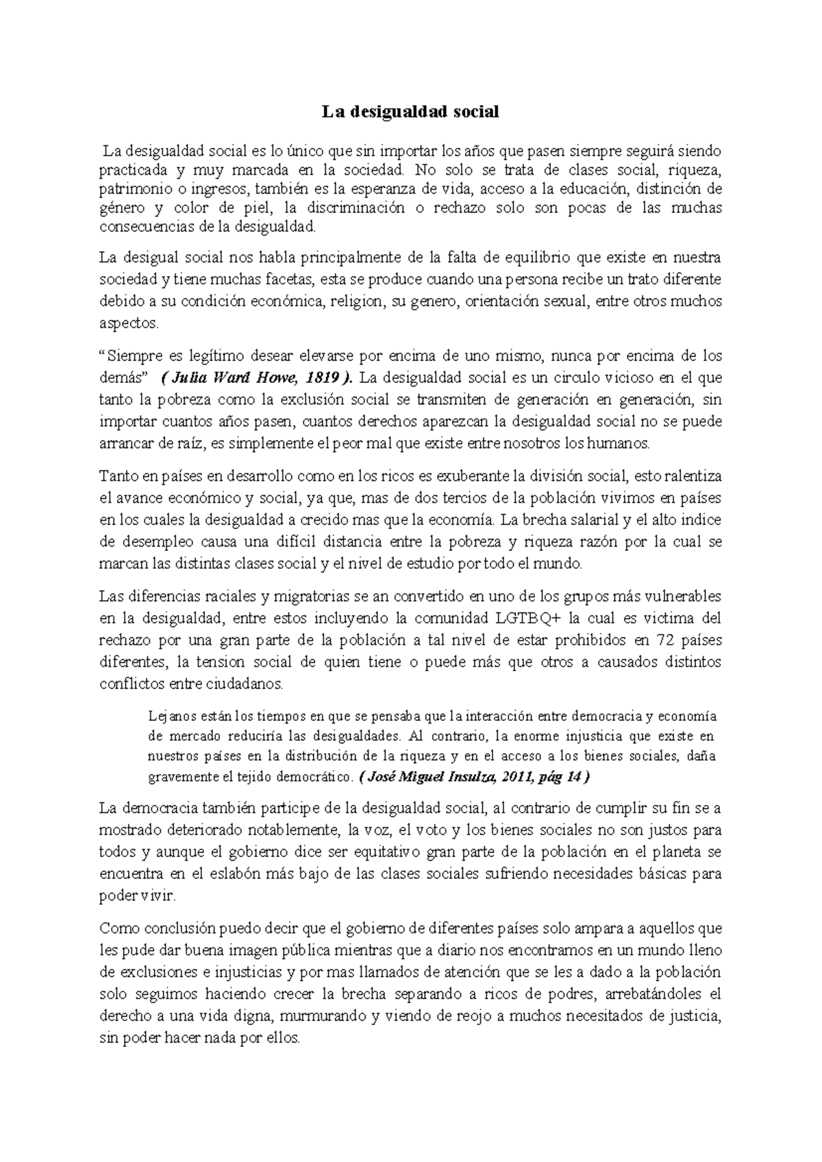 Ensayo sobre la Desigualdad Social: Causas y Consecuencias - Studocu