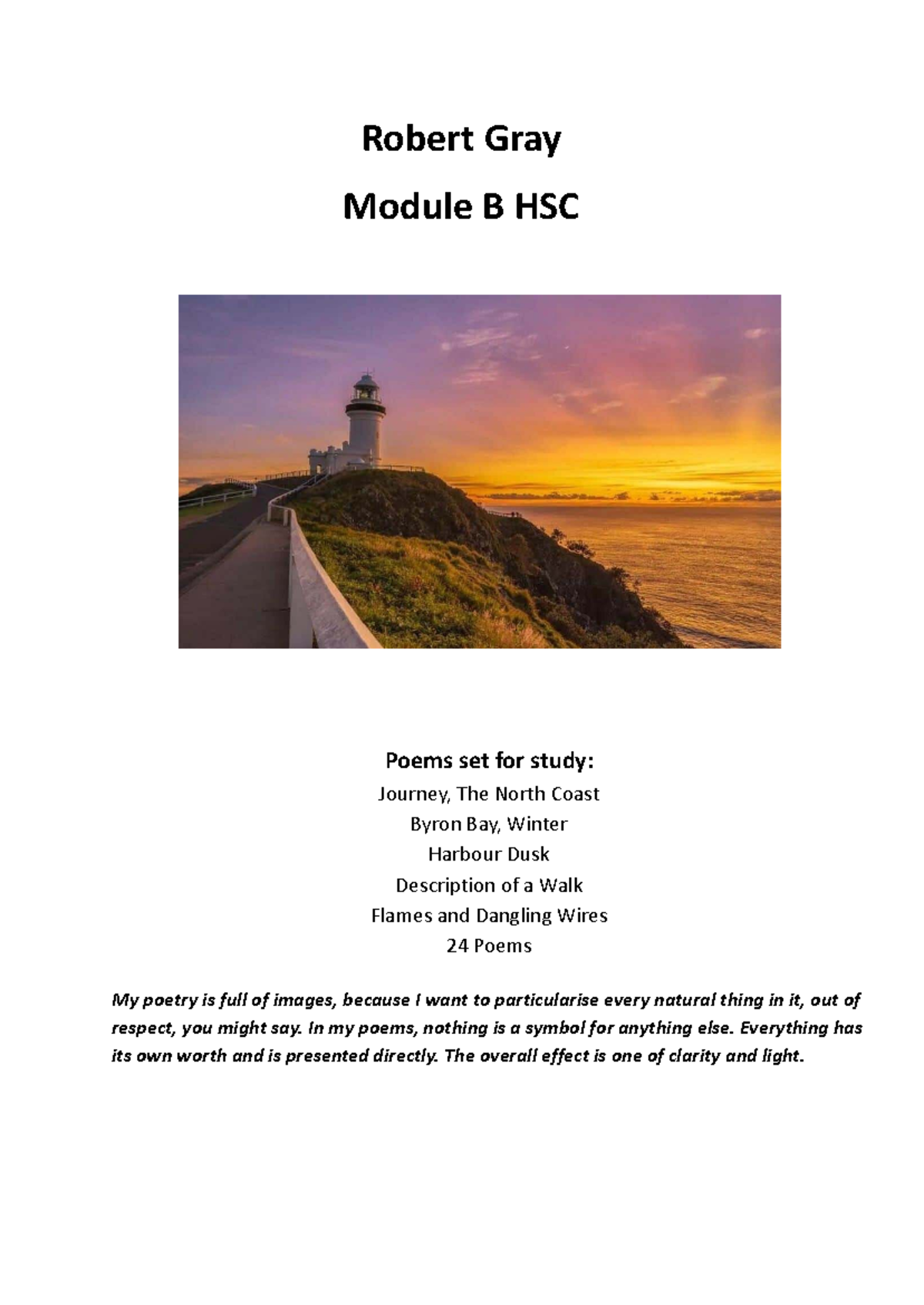 Robert Gray HSC Module B Poetry Study: 24 Poems Analysis - Studocu