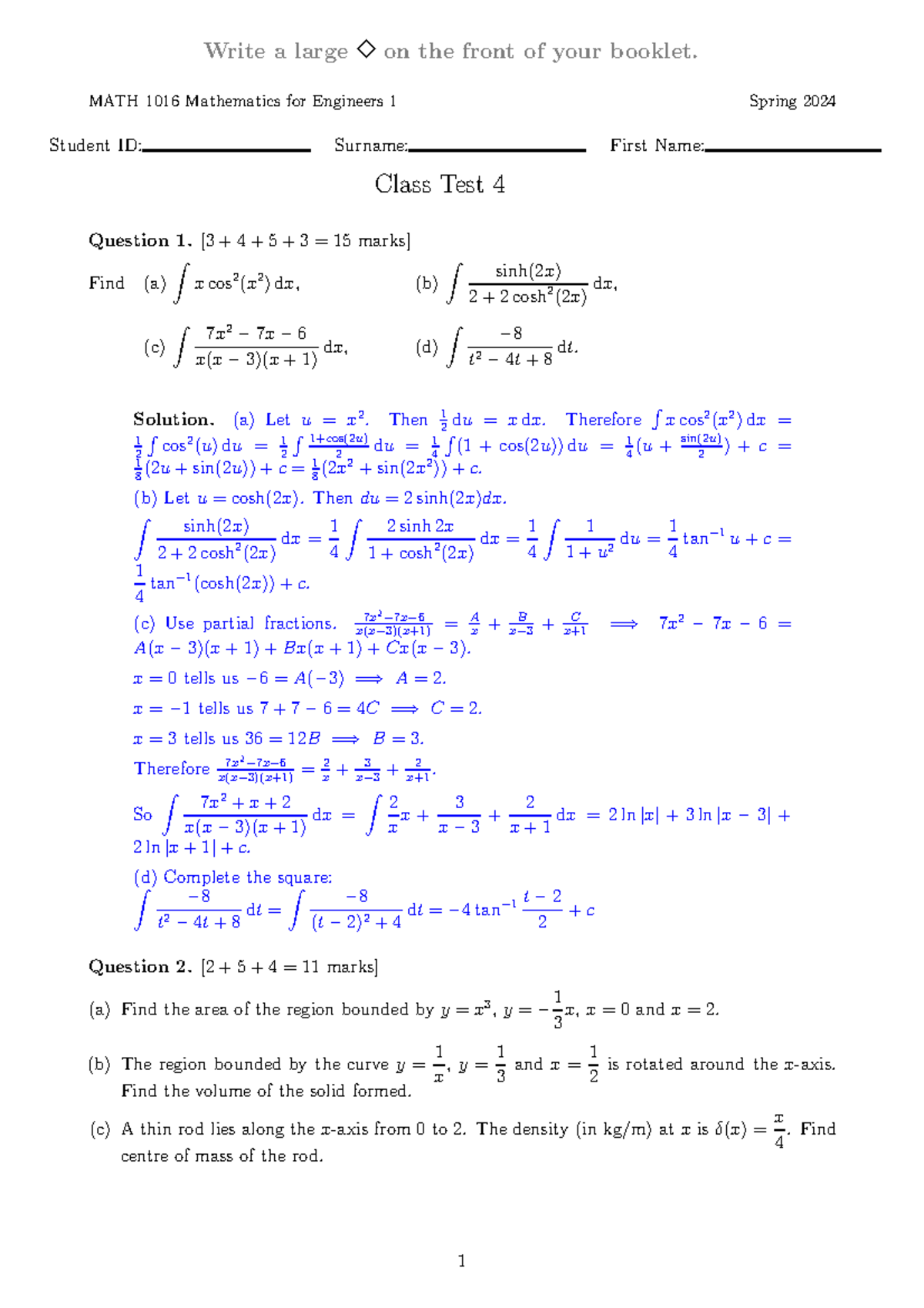 MATH1016 Final Class Test 4 Solutions (Spring 2024) - Studocu