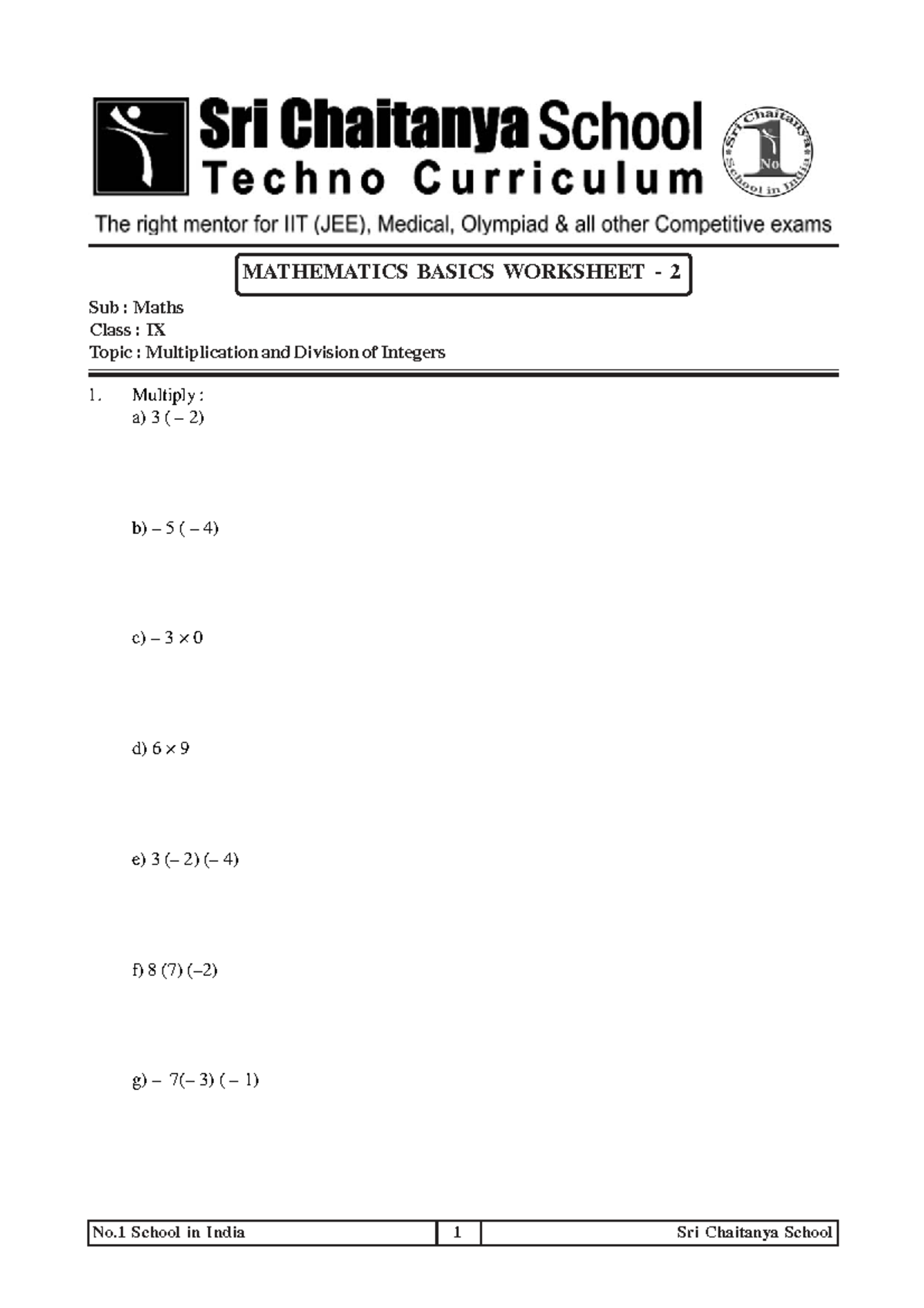 IX Mathematics Basics Work Sheet - 2 - No School in India 1 Sri ...