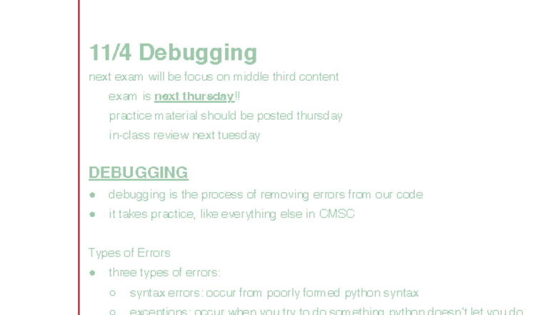 Debugging Notes for CMSC Exam: Focus on Middle Third Content - Studocu