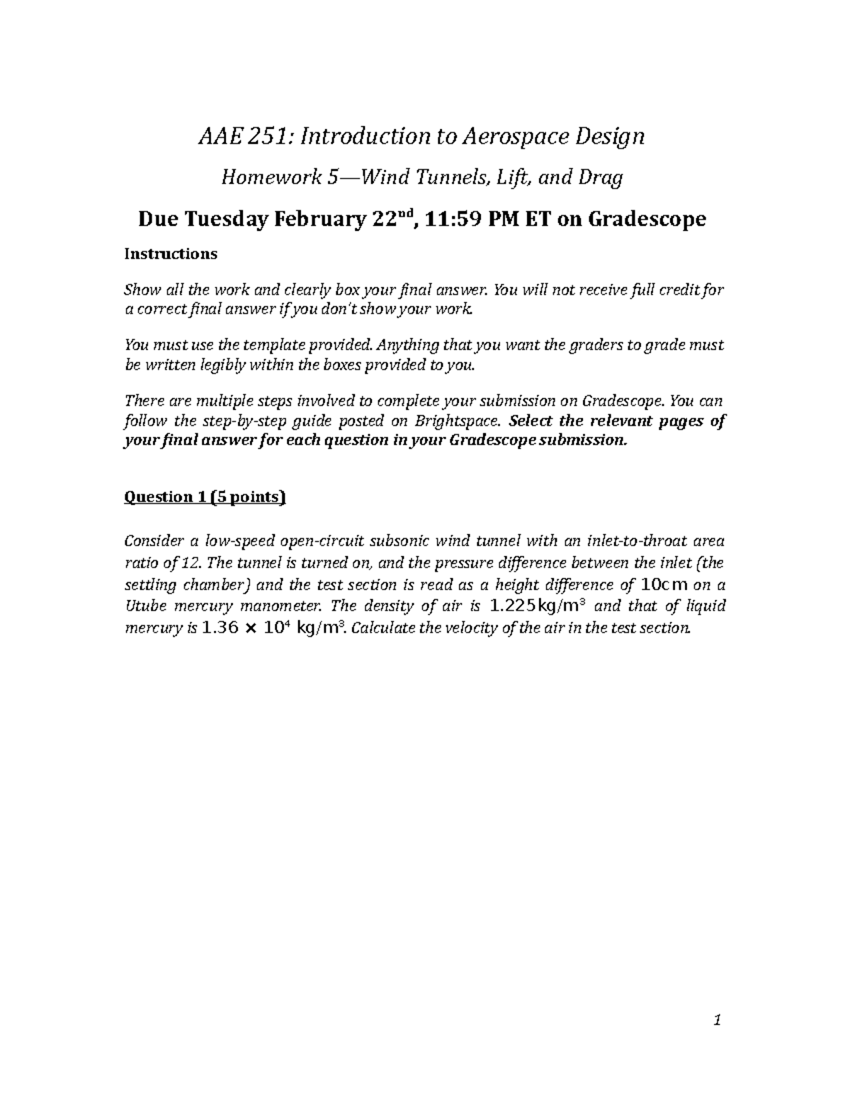 AAE251 HW5 - hw 5 - AAE 251: Introduction to Aerospace Design Homework ...