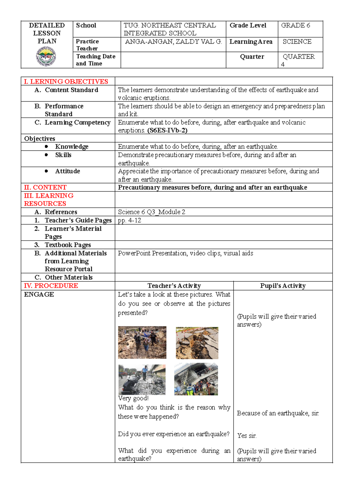Earthquake Preparedness: Lesson Plan for Grade 6 Science (S6ES-IVb-2 ...