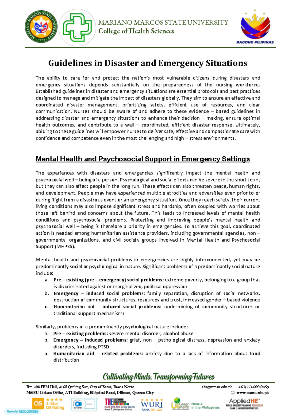 MARIANO MARCOS STATE UNIVERSITY CHS Guidelines for Disaster & Emergency ...