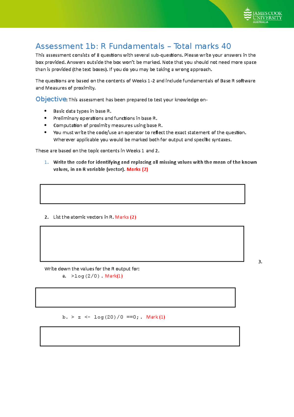 R Fundamentals Assessment 1b: Short Answer Questions (Total 40 Marks ...