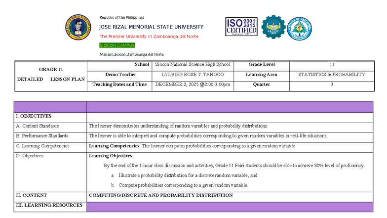 Grade 11 Lesson Plan: Statistics & Probability (LP-BIEN) - Studocu