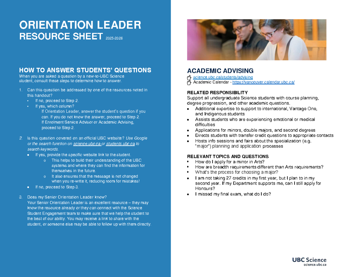 2025 ORIENTATION LEADER RESOURCE SHEET: ANSWERING STUDENT QUESTIONS ...