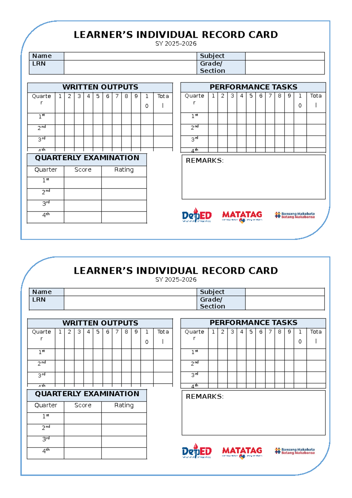 Learners Individual Record Card SY: Performance & Attendance Tracking ...