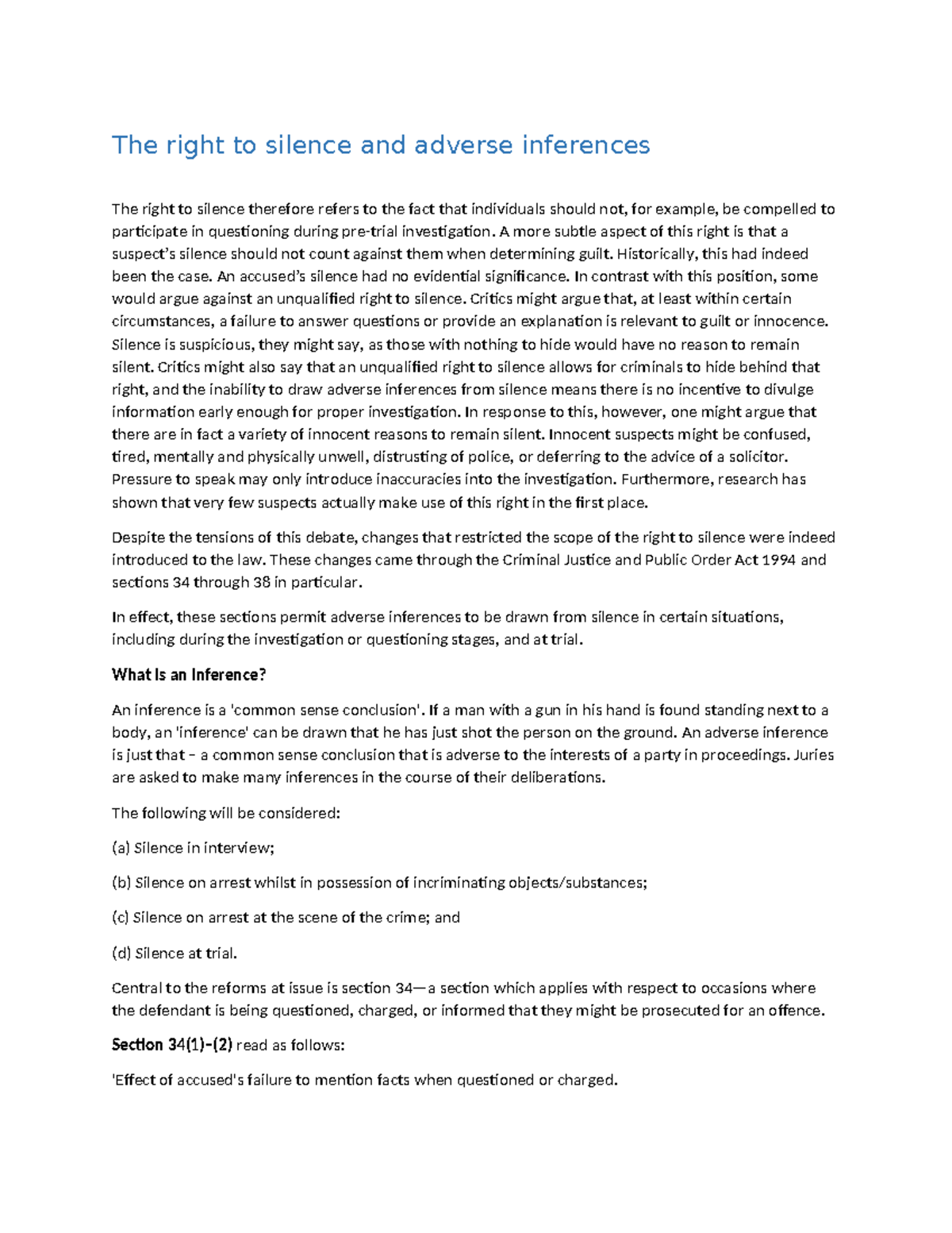 The Right to Silence and Adverse Inferences: A Critical Analysis (LAW ...
