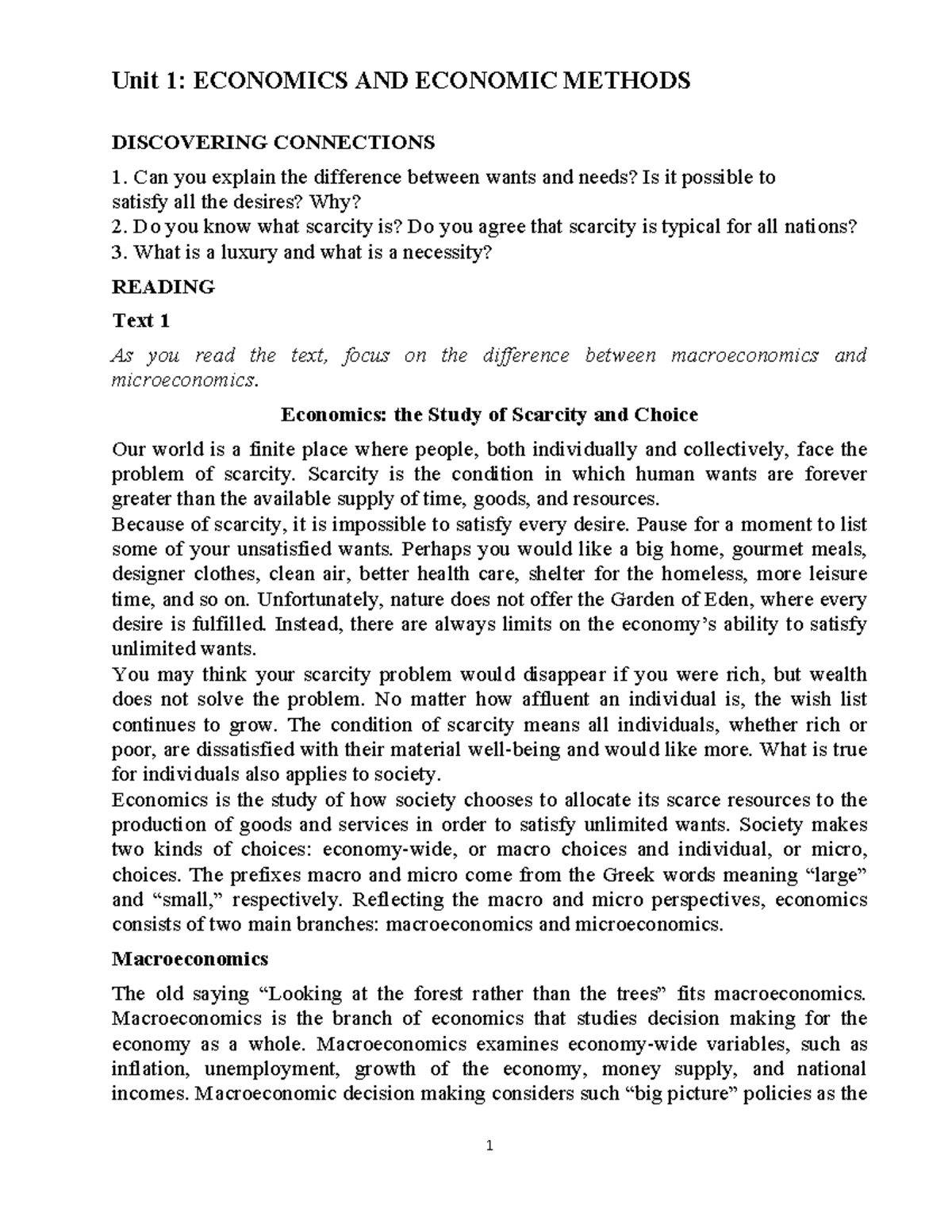English FOR Economics (2020) - Unit 1: ECONOMICS AND ECONOMIC METHODS ...