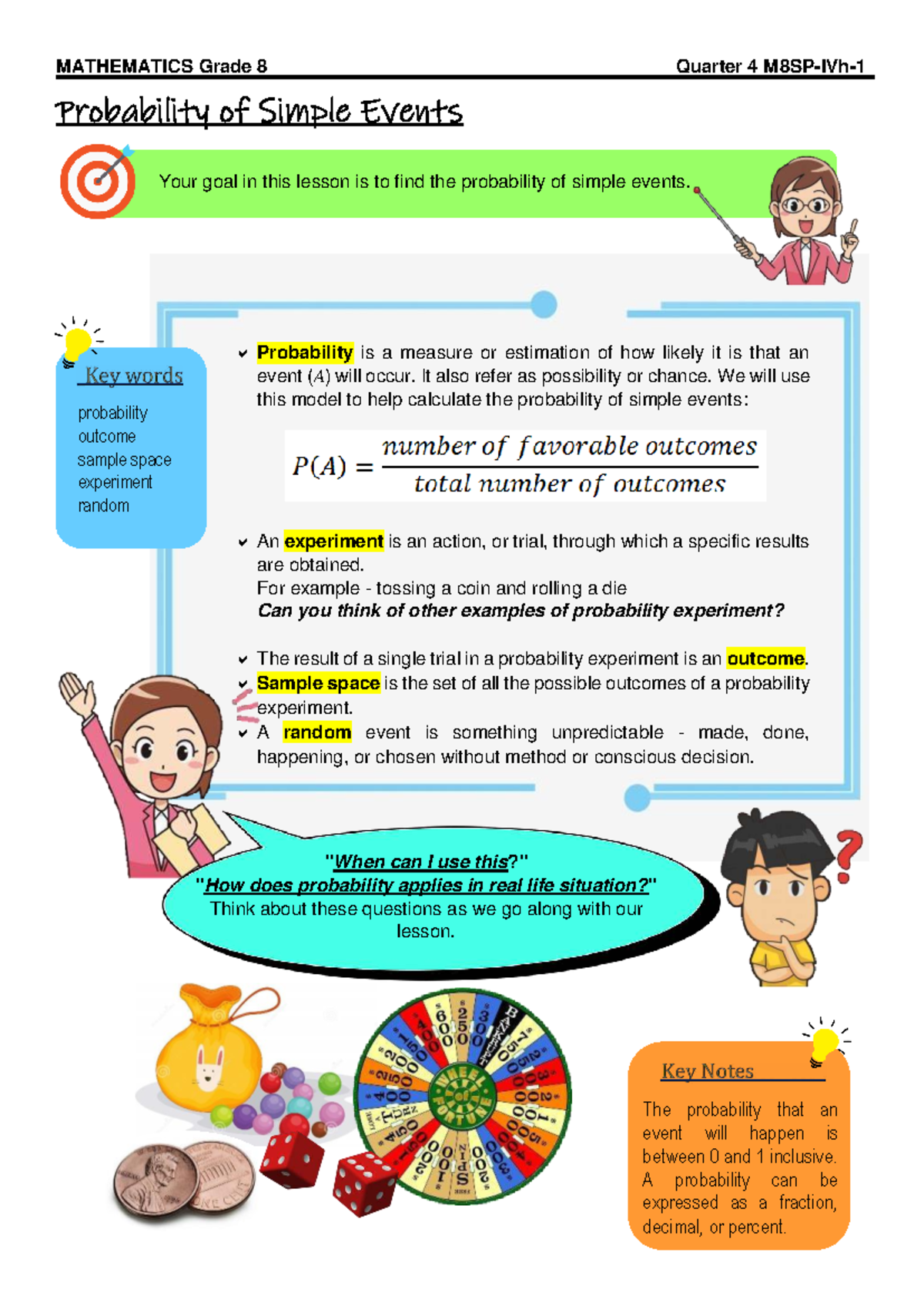 G8 M8SP-IVh Quarter 4 Lesson on Probability of Simple Events - Studocu