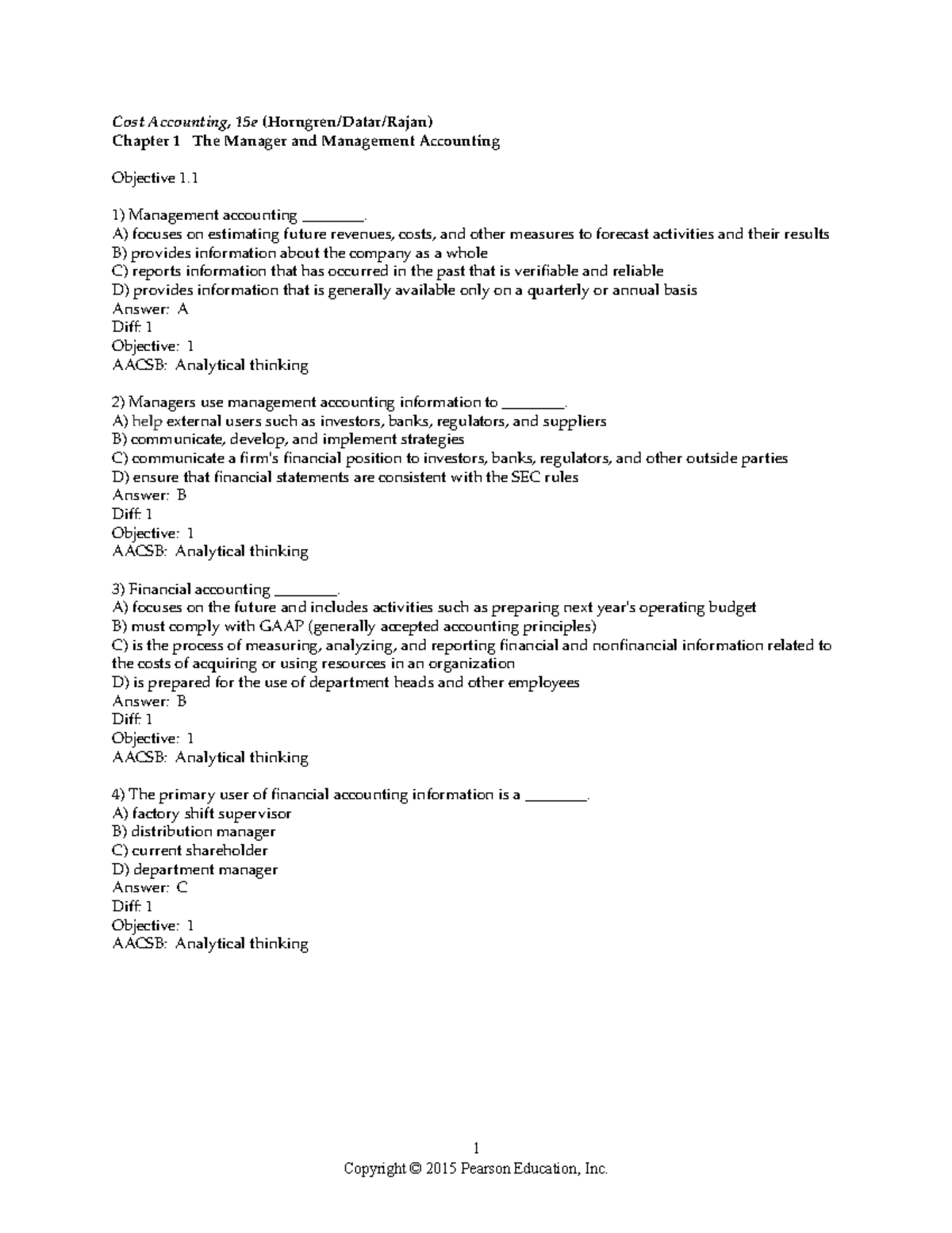 Chapter 1 - Test Bank for Cost Accounting (15e): Management Accounting ...