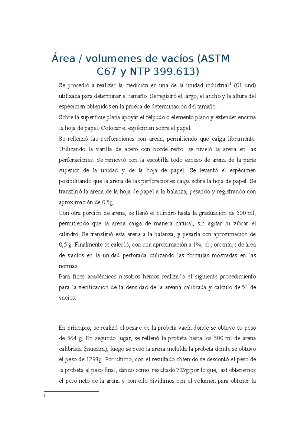 Medidas del Área de Vacíos en Unidades Perforadas (ASTM C67, NTP 399. ...