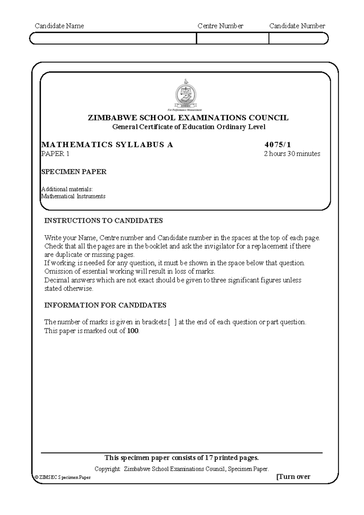 ZIMSEC O Level Mathematics Specimen Paper 4075q01 - Studocu