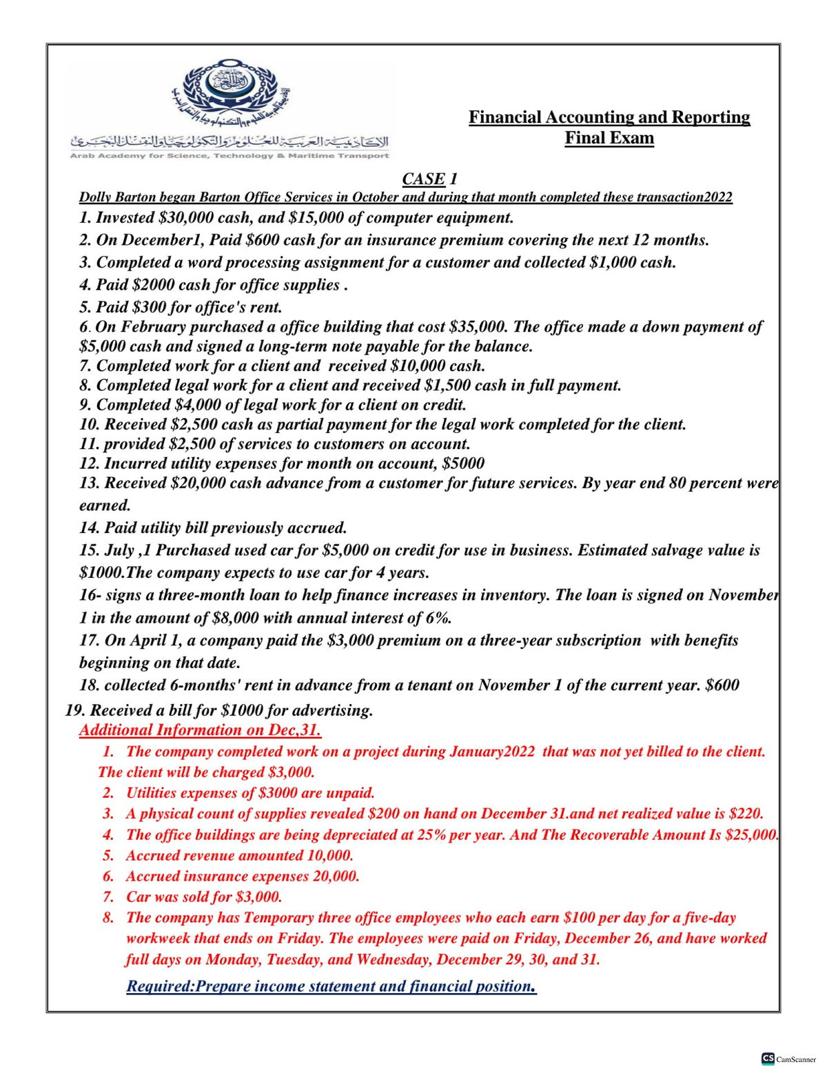 Financial Accounting & Reporting Final Exam - Case Study 1 Analysis ...