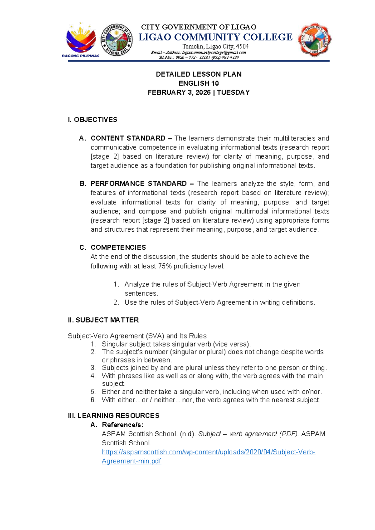 Detailed Lesson Plan: SVA Day 1 - Subject Verb Agreement (ENG 10) - Studocu