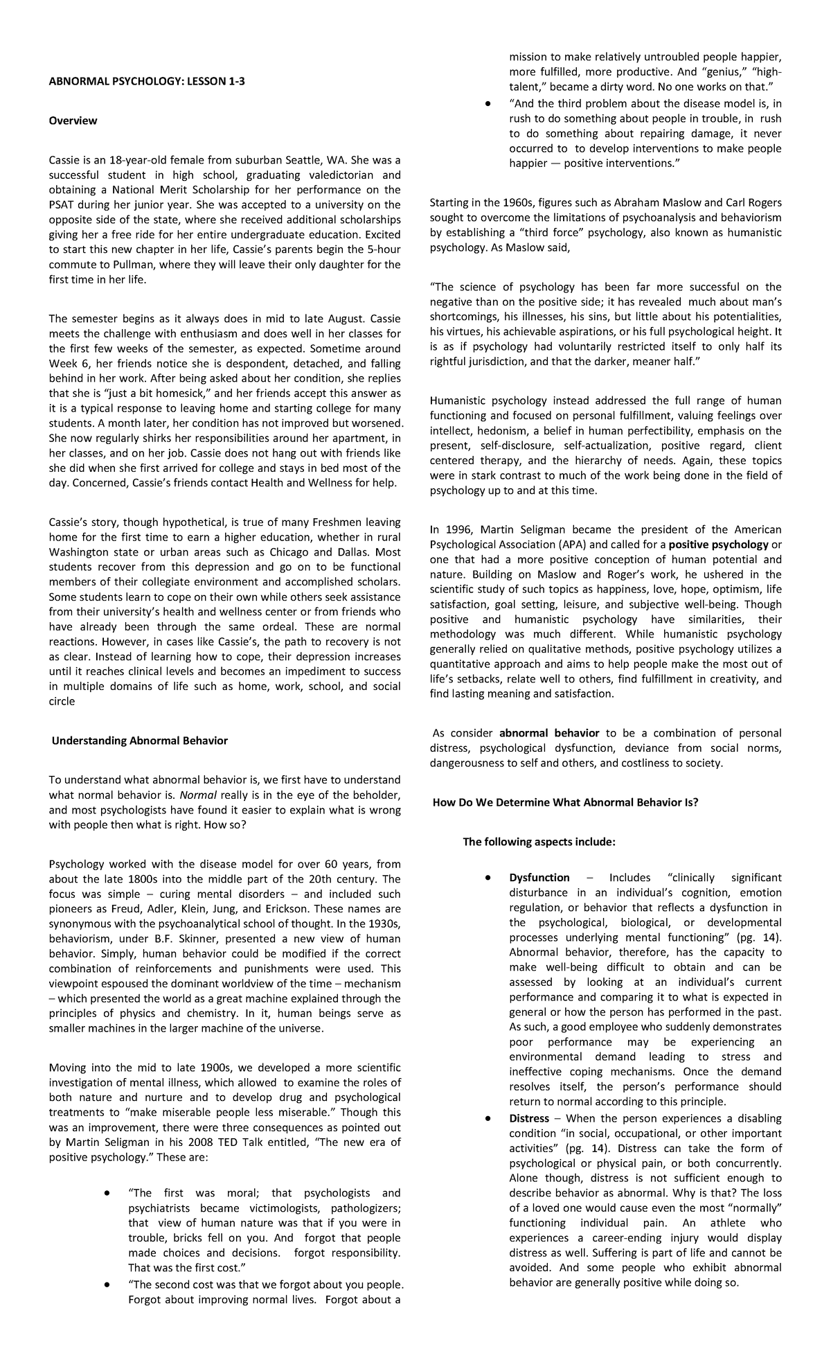 PSY 7 Abnormal Psychology (Lessons 1-3): Understanding Behavior and ...