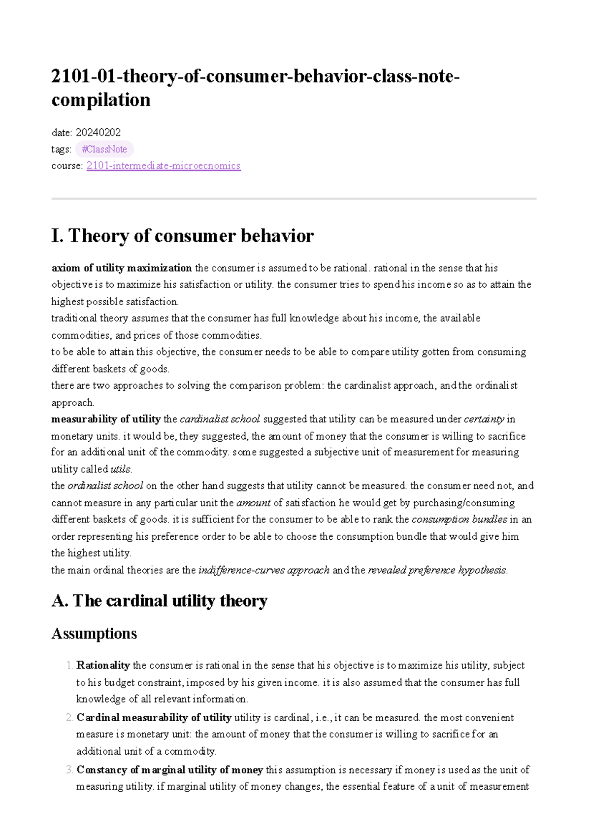 2101-01 Theory of Consumer Behavior Class Notes - Compiled 2024 - Studocu