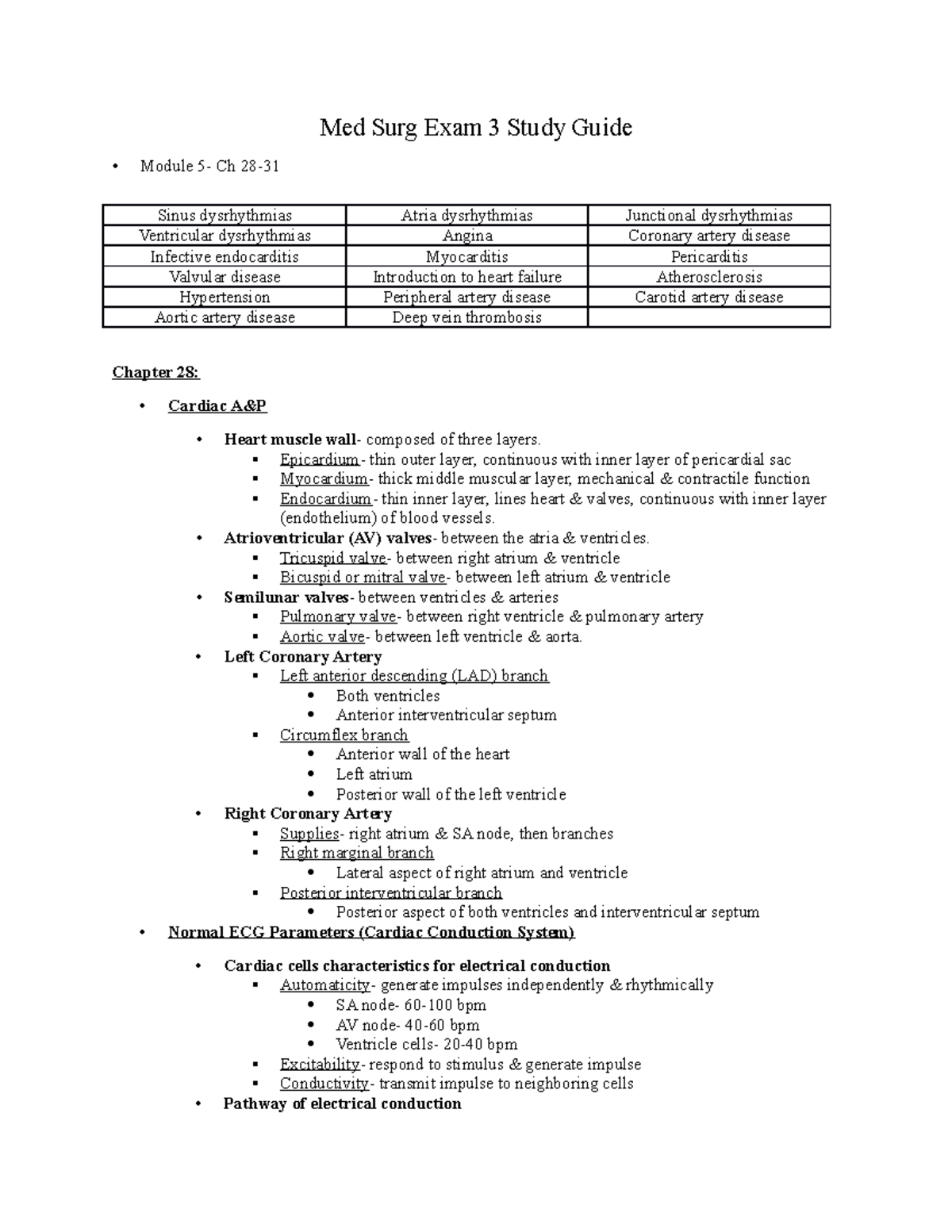 425 Med Surg Exam 3 Study Guide: Cardiac Dysrhythmias & Disease - Studocu