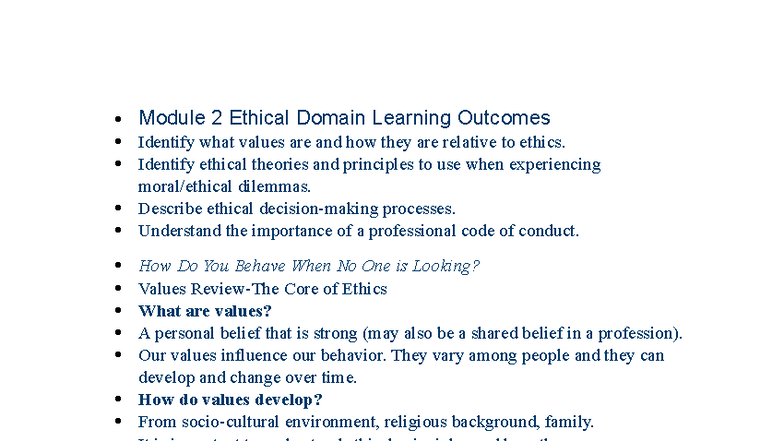 Module 2: Ethical Domain Learning Outcomes & Values in Nursing Ethics ...