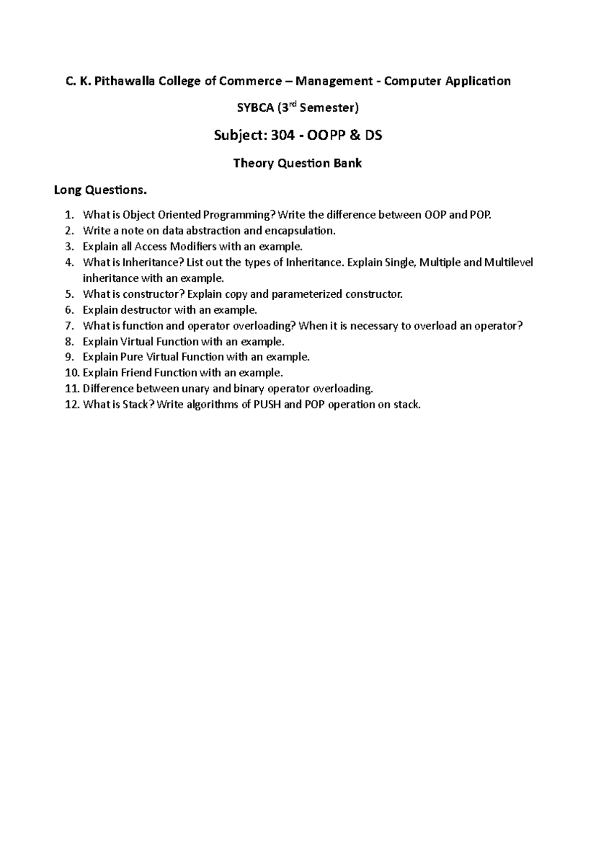 SYBCA 3rd Sem - OOPP & DS Theory Long Question Bank - Studocu