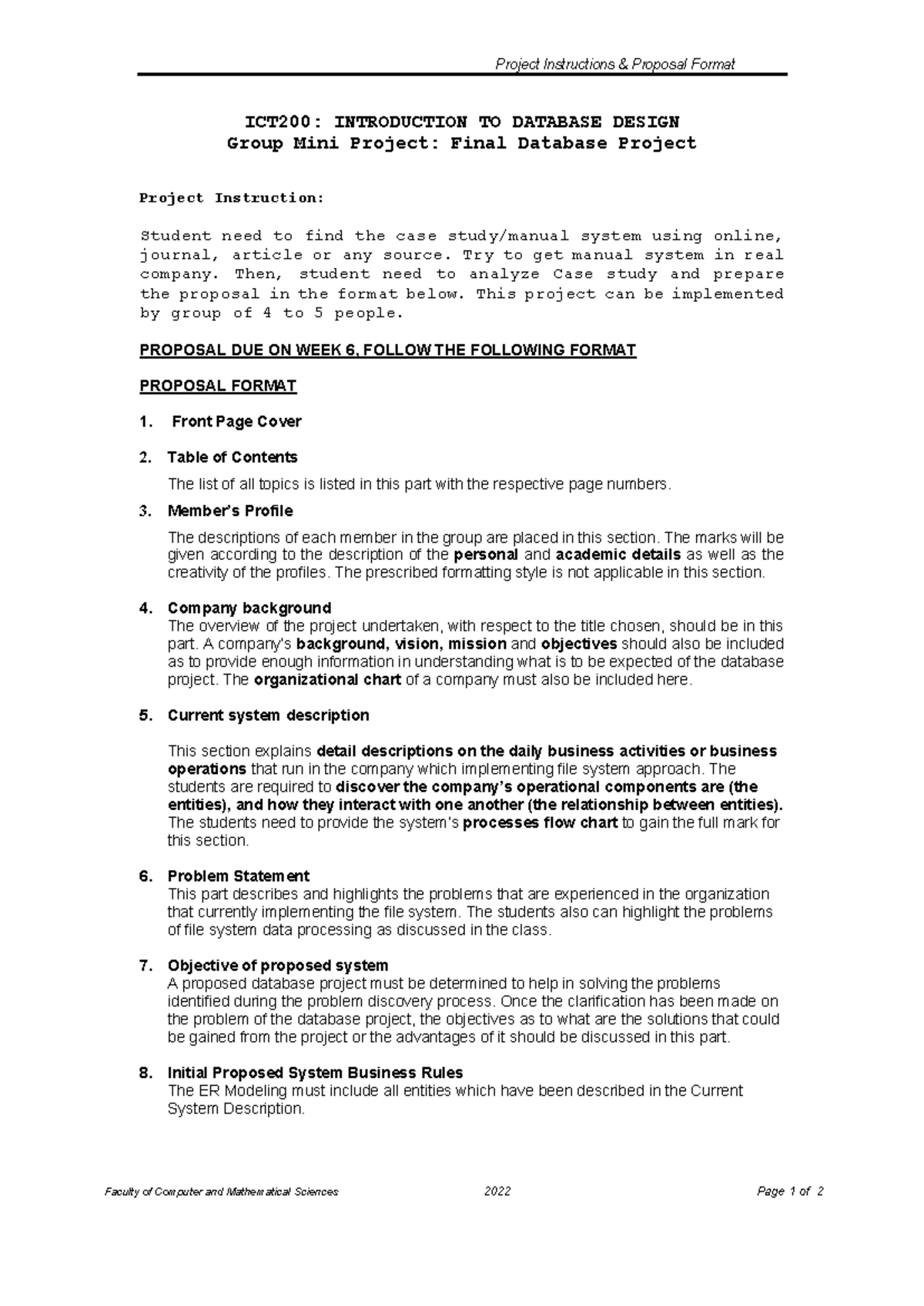 ICT200 Group Mini Project Proposal Format Guidelines - Studocu