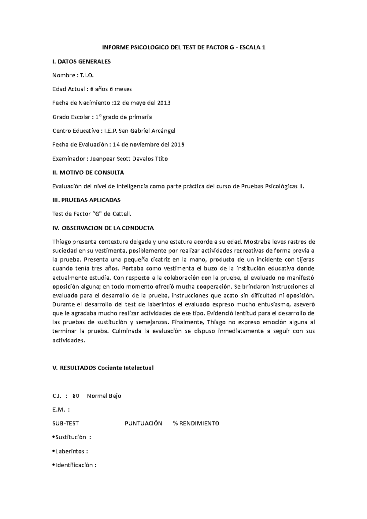 ( Ejemplo) Informe DEL TEST DE Factor G Escala 1 - INFORME PSICOLOGICO ...