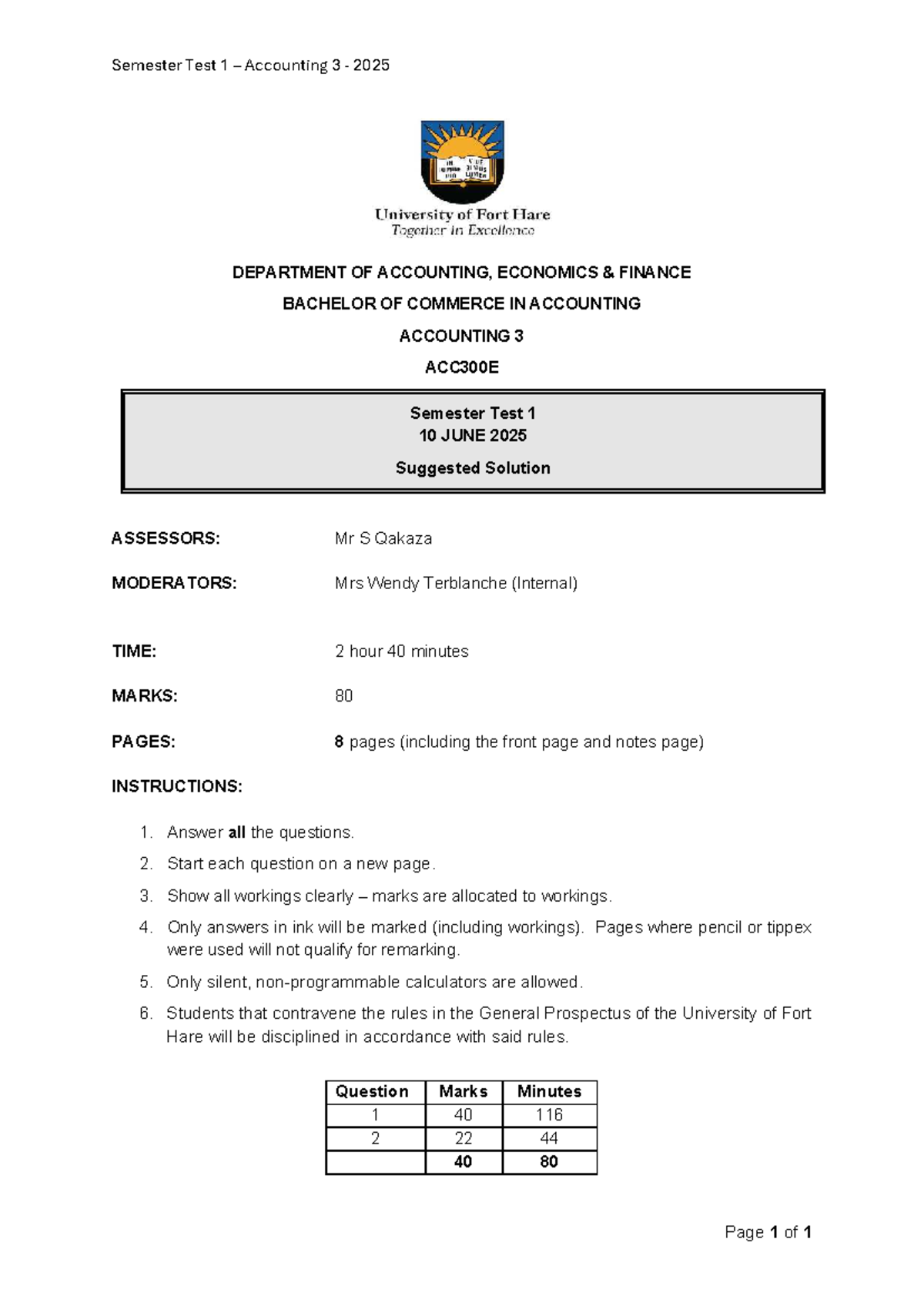 Accounting 3 ACC300E Semester Test 1 Suggested Solutions 2025 - Studocu