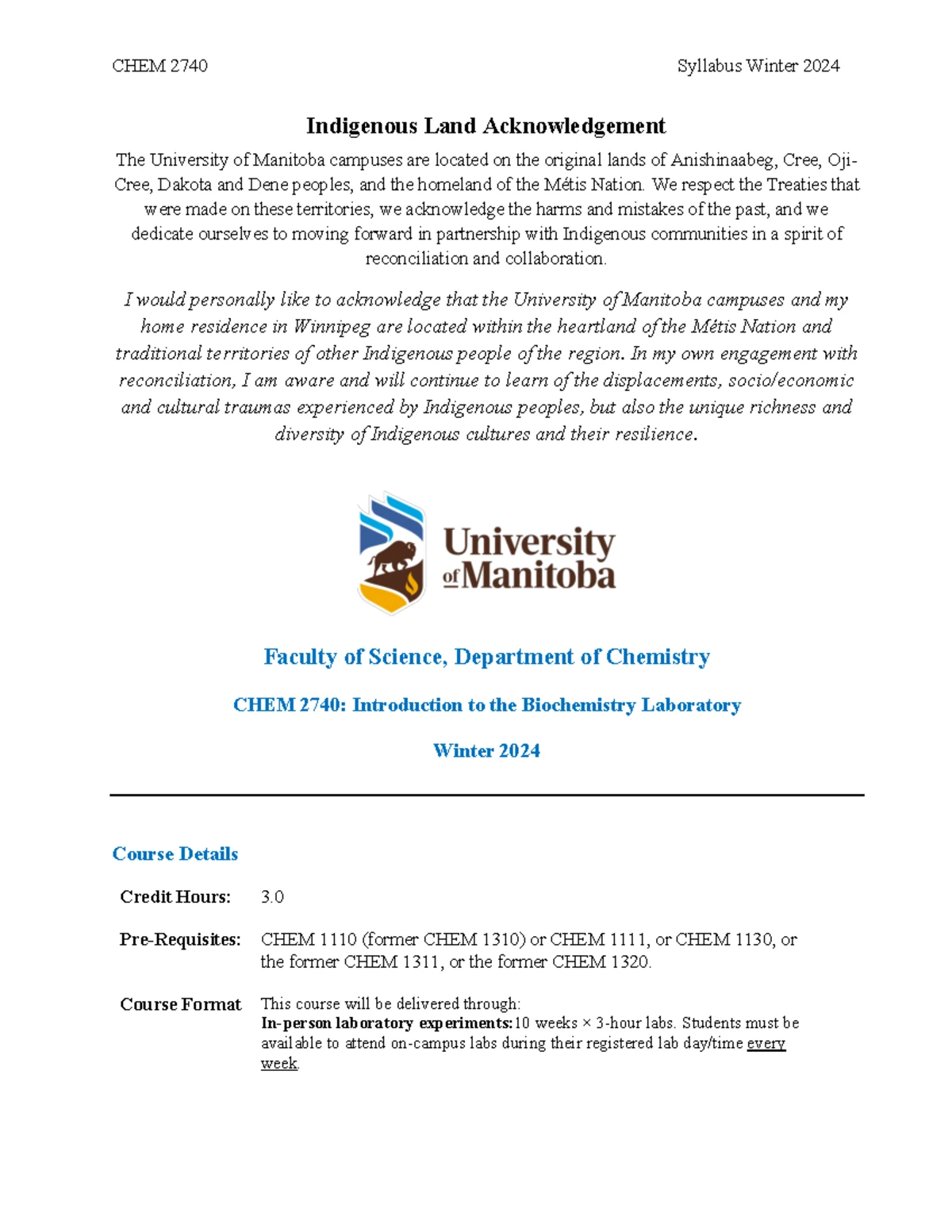 CHEM 2740 Winter 2023 Syllabus - Intro to Biochemistry Lab - Studocu