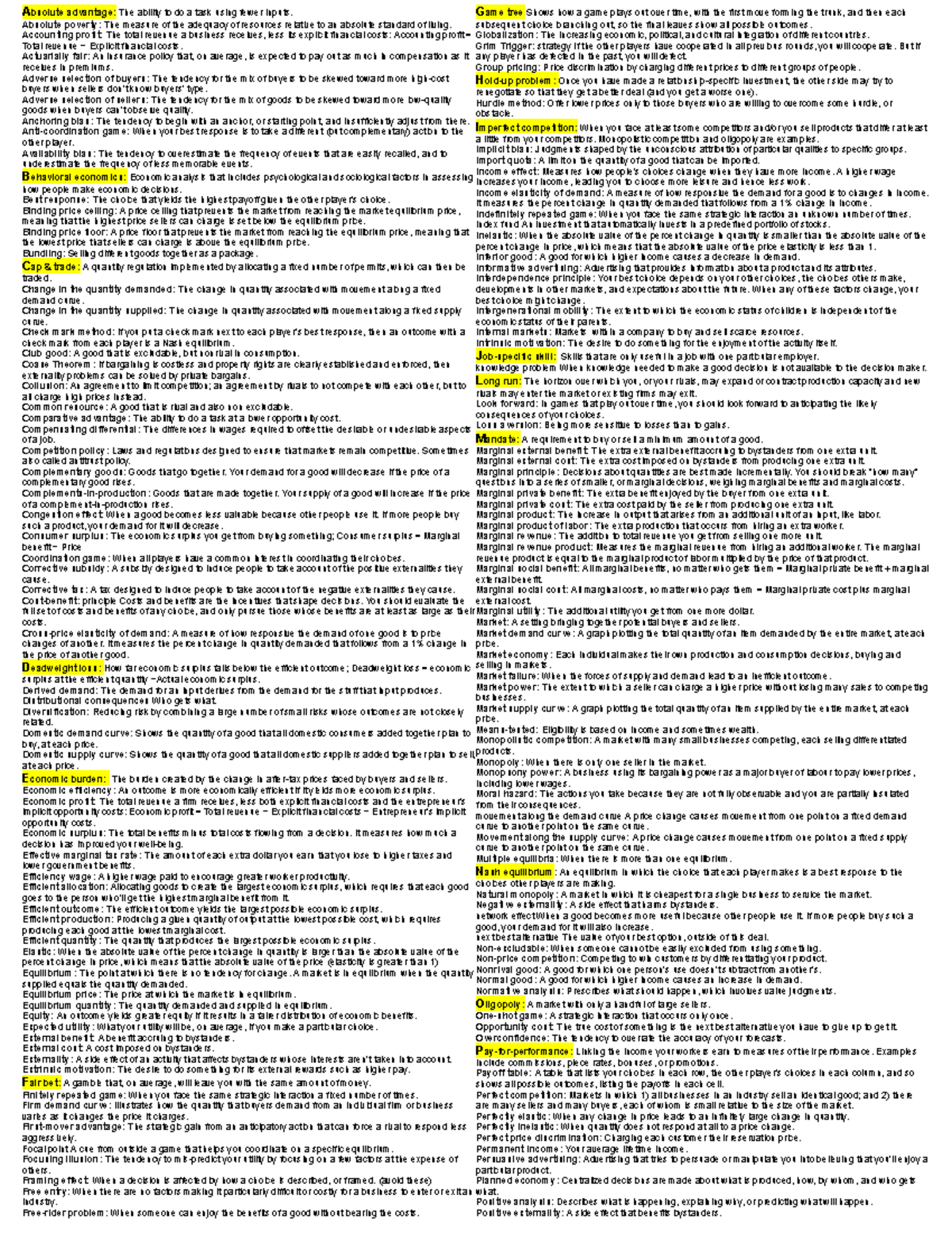 EC120 Cheat Sheet: Key Concepts in Economics and Game Theory - Studocu