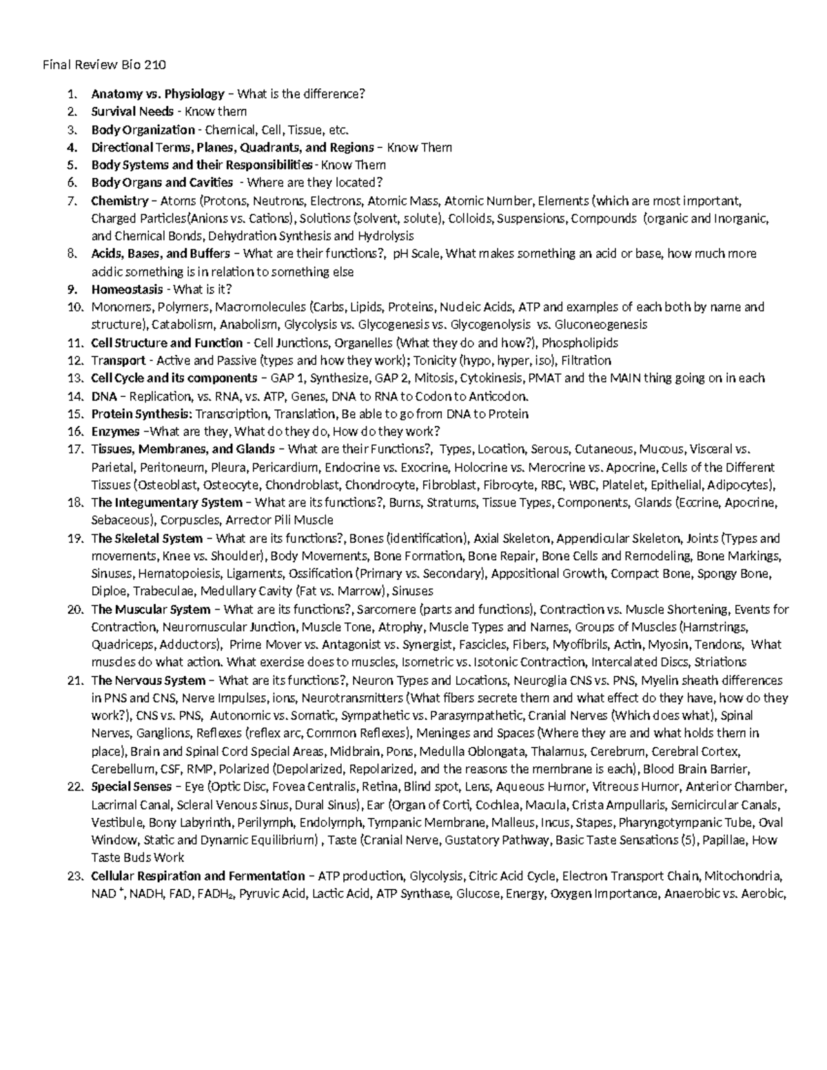 Final Review for Bio 210: Anatomy & Physiology Overview - Studocu