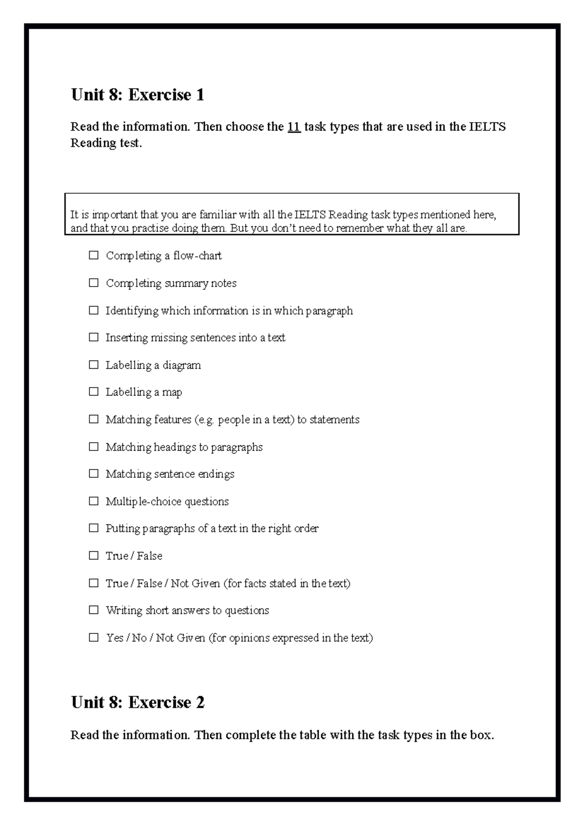 IELTS Reading Tasks Overview - Unit 8 Notes - Studocu