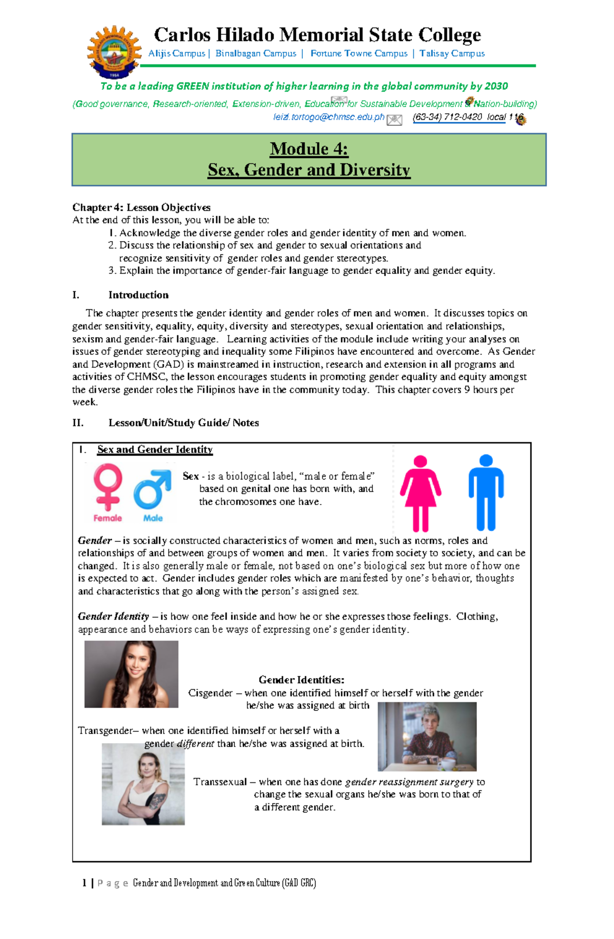 GAD 116 Module 4: Gender, Sex, and Diversity - Lesson Objectives and ...