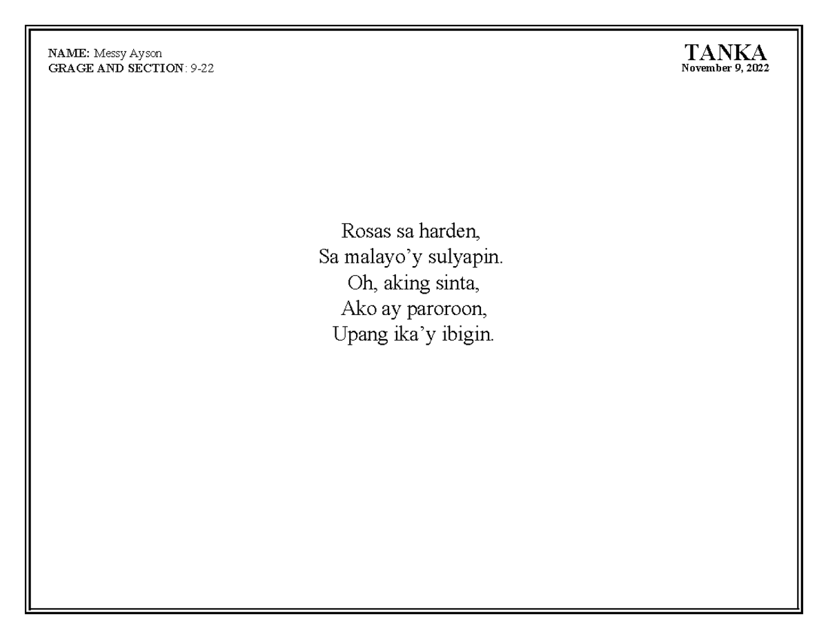 Tanka Haiku - NOTES - Understanding the Self - Rosas sa harden, Sa ...