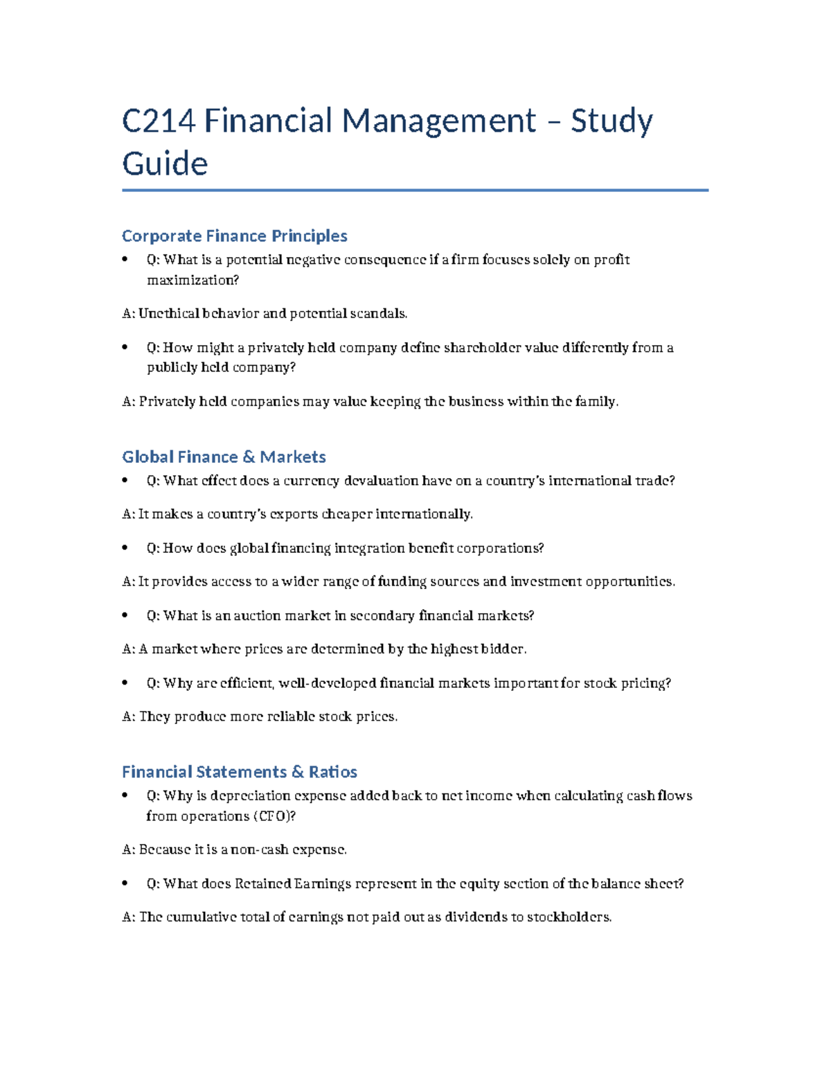 C214 Financial Management Study Guide: Key Concepts & Principles - Studocu