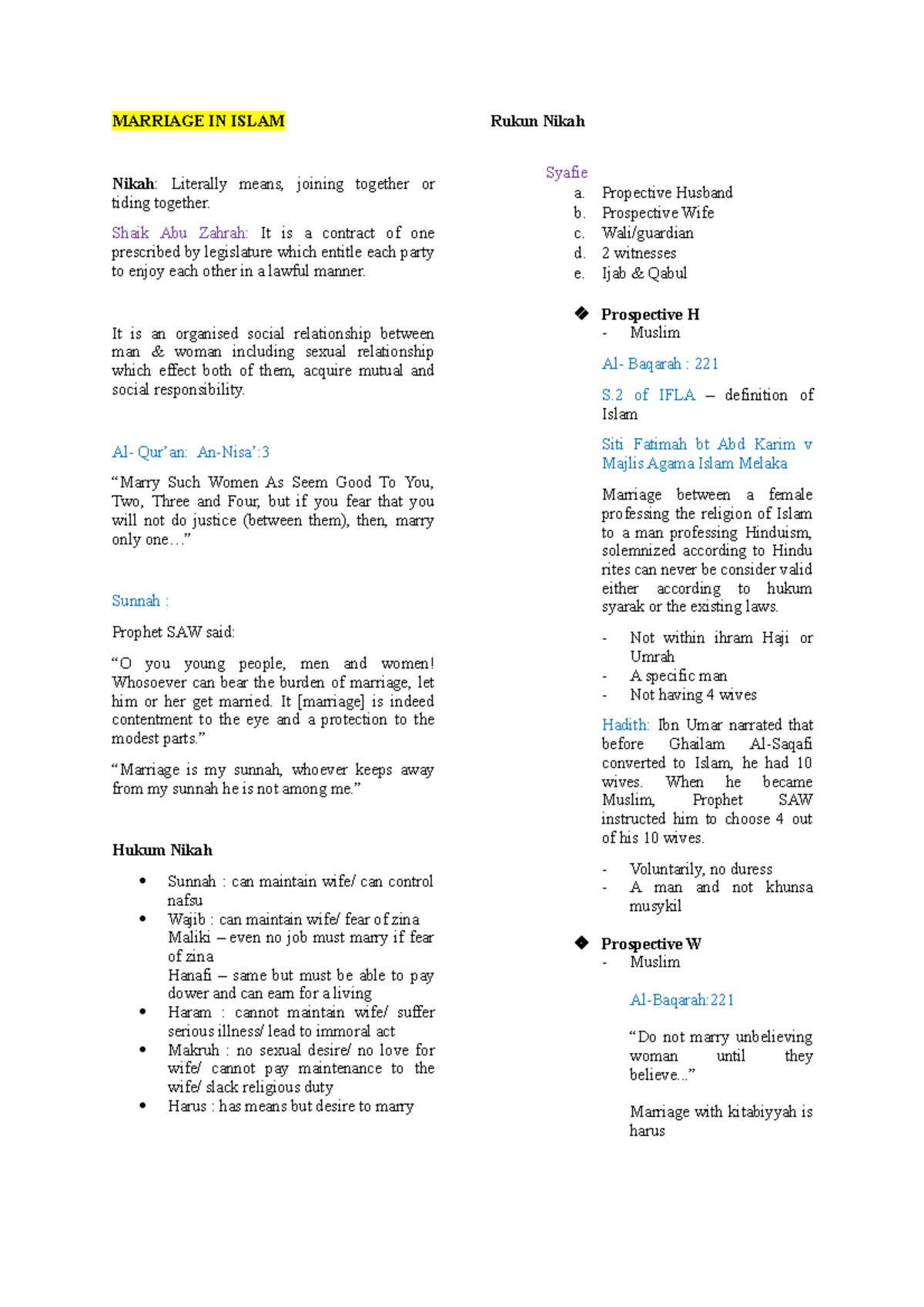 Marriage IN Islam - Lecture notes 3 - MARRIAGE IN ISLAM Nikah ...