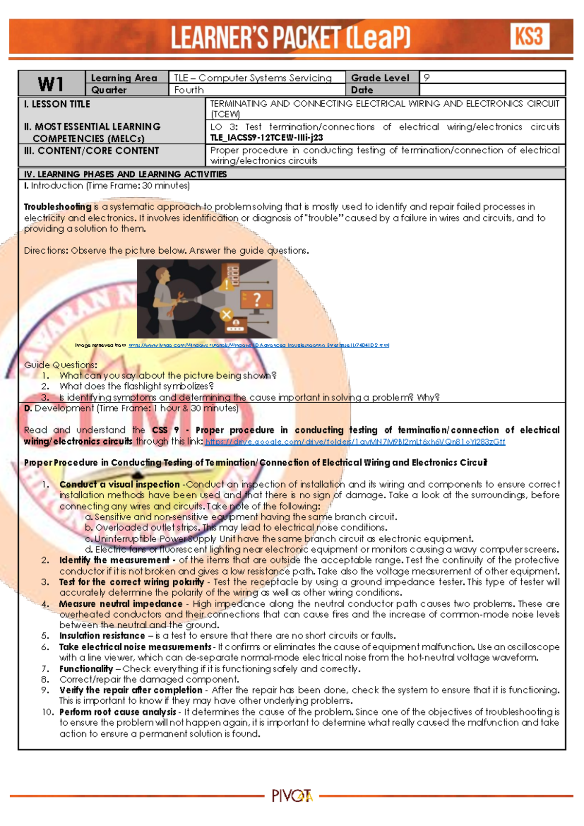 Q4 ICT CSS 9 Week1 - W Learning Area TLE – Computer Systems Servicing ...