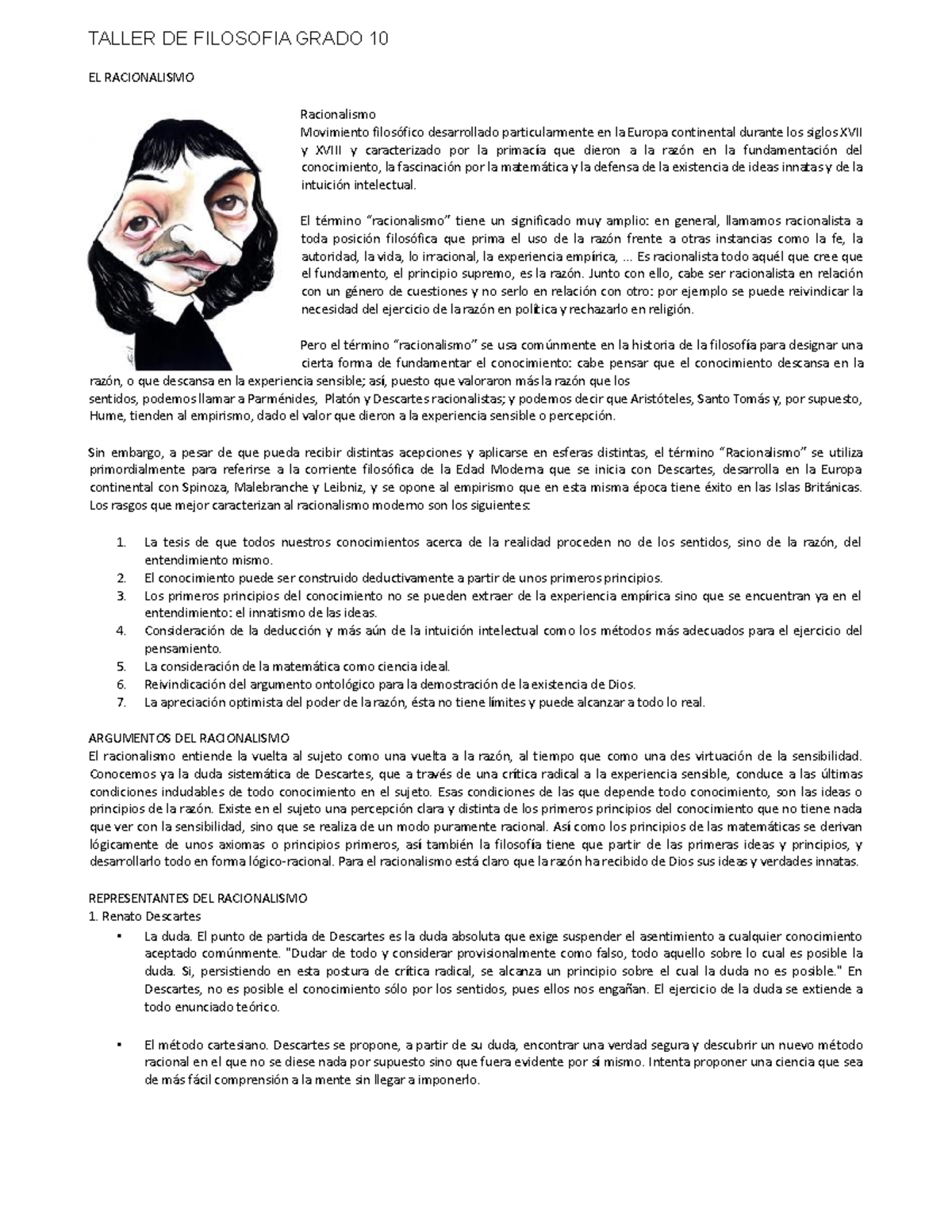Taller de Filosofía 10: Racionalismo y Sus Principales Filósofos - Document Preview