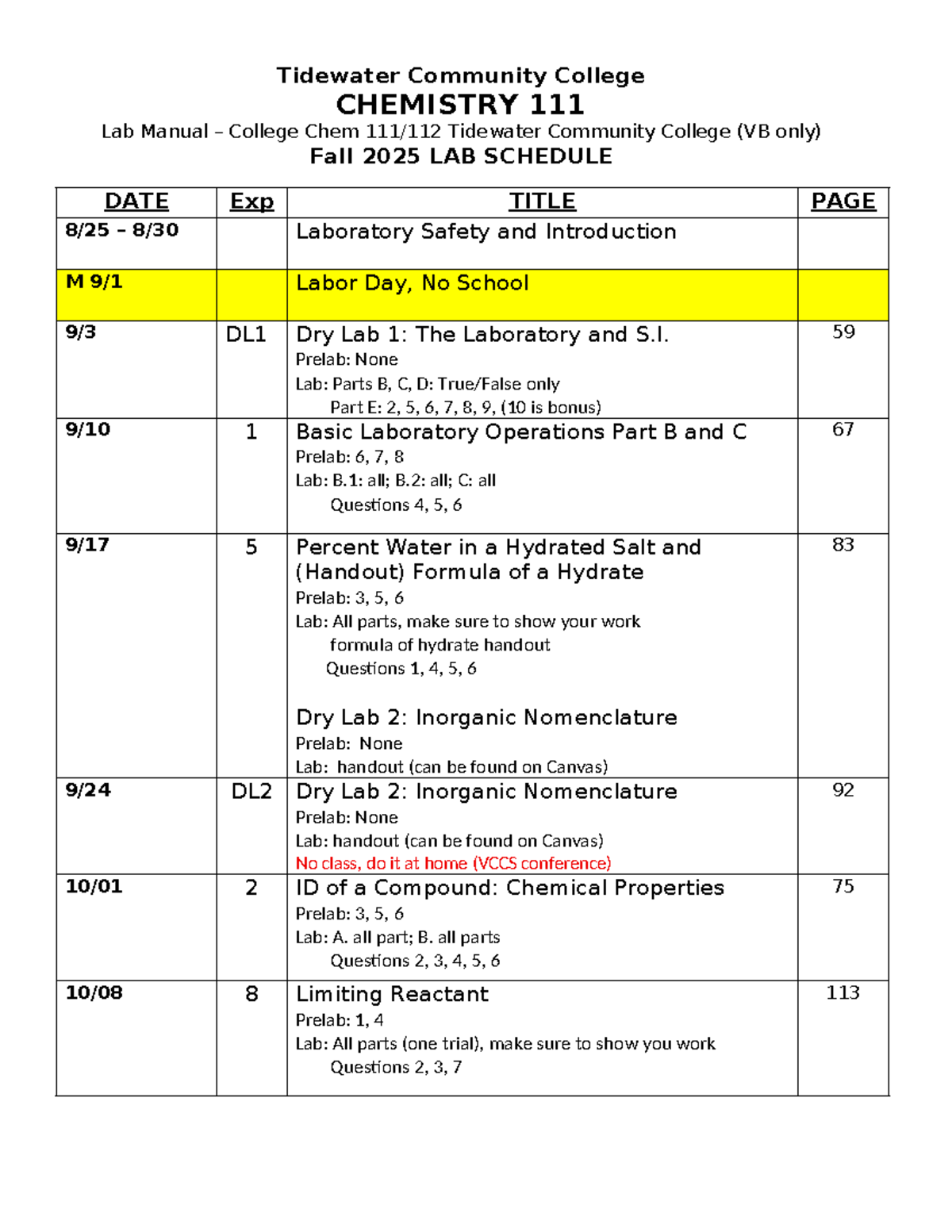 CHM 111 Lab Schedule Fall 2025 - Tidewater Community College - Studocu