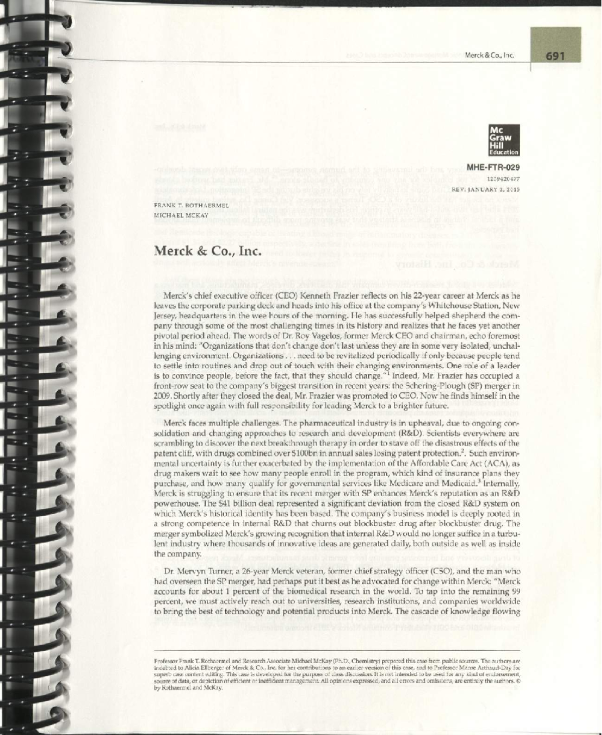 Attachment 4 - Merck & Co case study - Merck Co., Inc. 691 Mc Graw Hill ...