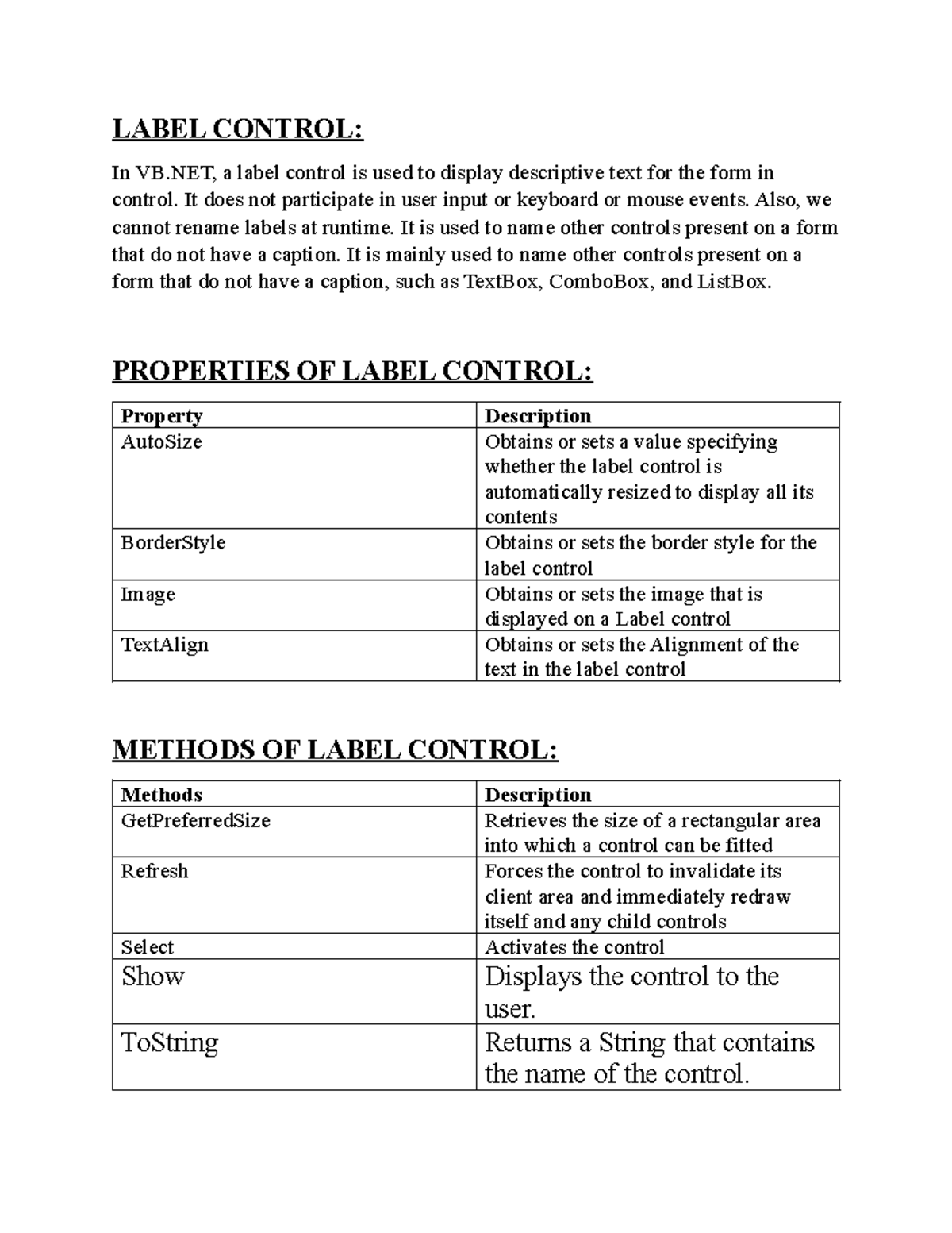 VB Label Control Overview: Properties, Methods, and Usage Notes - Studocu