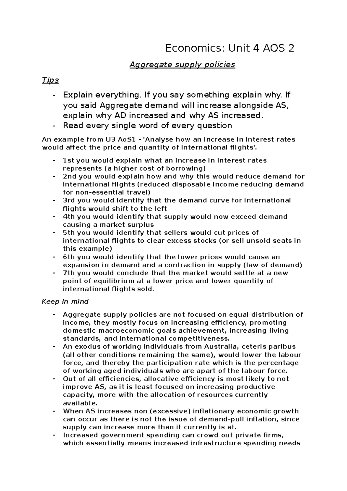 Economics Unit 4 AOS 2 - Aggregate Supply Policies Explained - Studocu